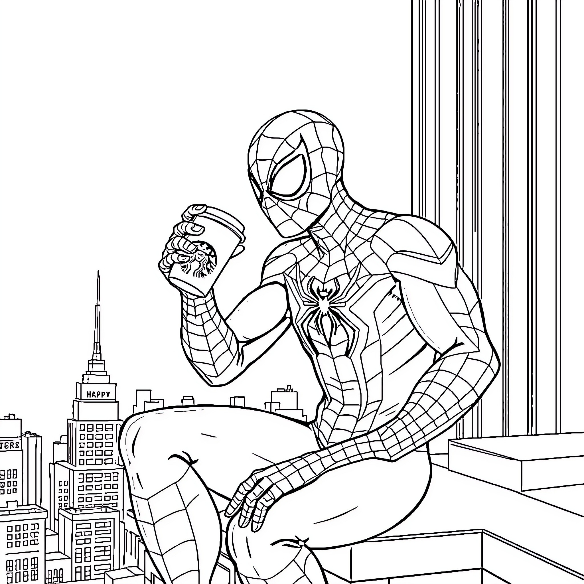 Spider-Man swinging through the city Coloring Page (free black-and-white line drawing printable PDF for all, from beginners to advanced learners, including children, teens, adults, and seniors)