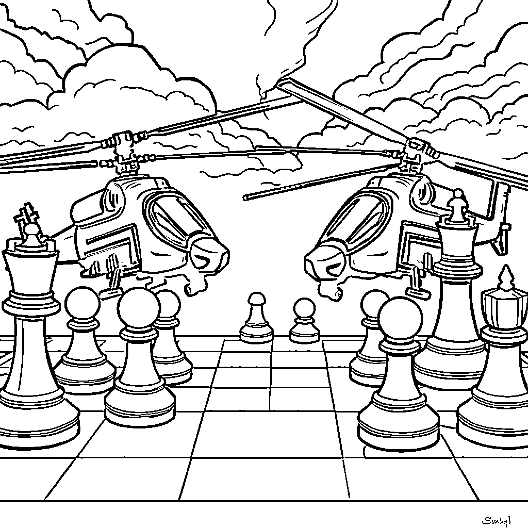 Apache Helicopters in a Chess Match Battle Coloring Page (free black-and-white line drawing printable PDF for all, from beginners to advanced learners, including children, teens, adults, and seniors)