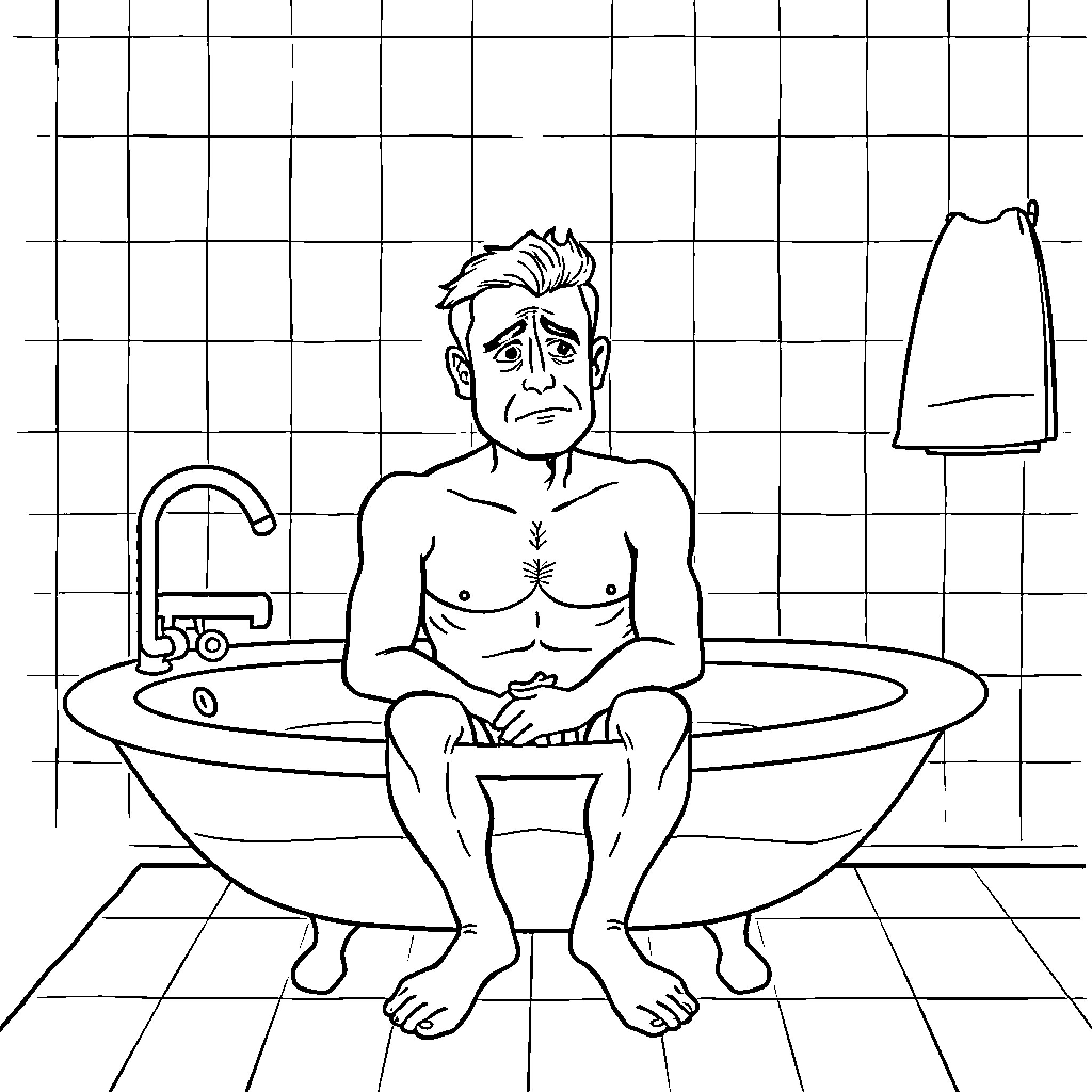 Man sitting dejectedly in a bathtub Coloring Page (free black-and-white line drawing printable PDF for all, from beginners to advanced learners, including children, teens, adults, and seniors)