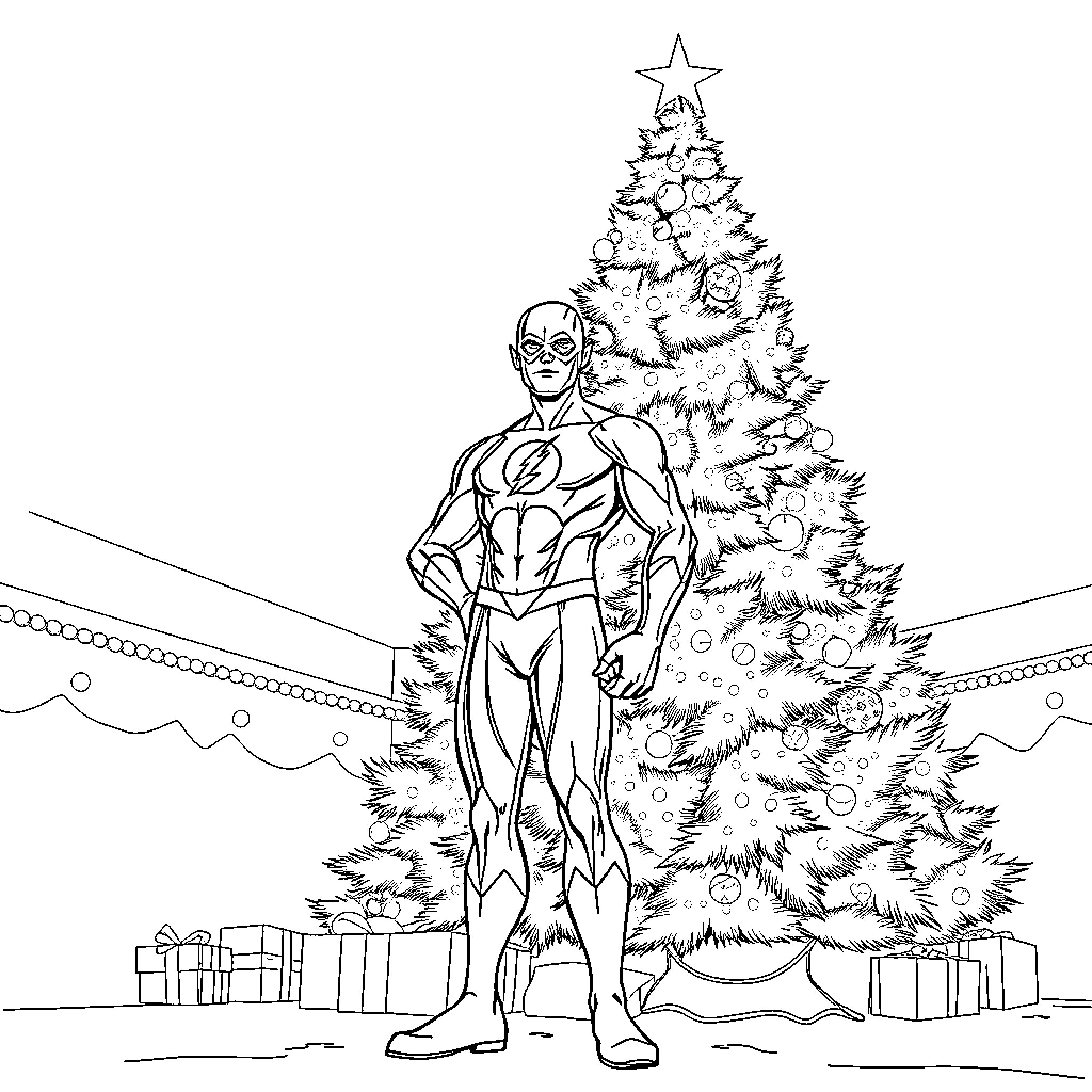 Flash Superhero Stands Before Christmas Tree Coloring Page (free black-and-white line drawing printable PDF for all, from beginners to advanced learners, including children, teens, adults, and seniors)