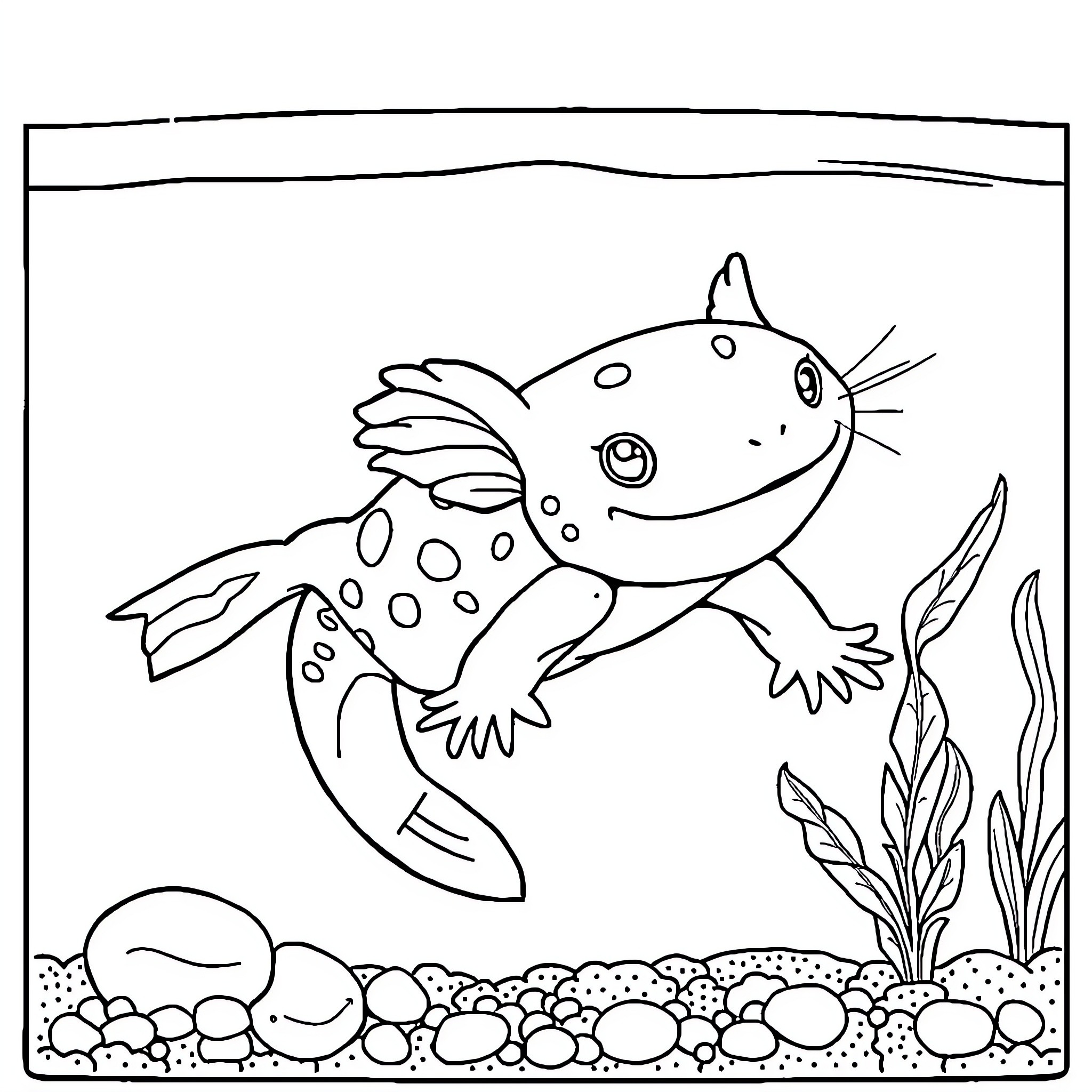 Axolotl swimming in the aquarium Coloring Page (free black-and-white line drawing printable PDF for all, from beginners to advanced learners, including children, teens, adults, and seniors)