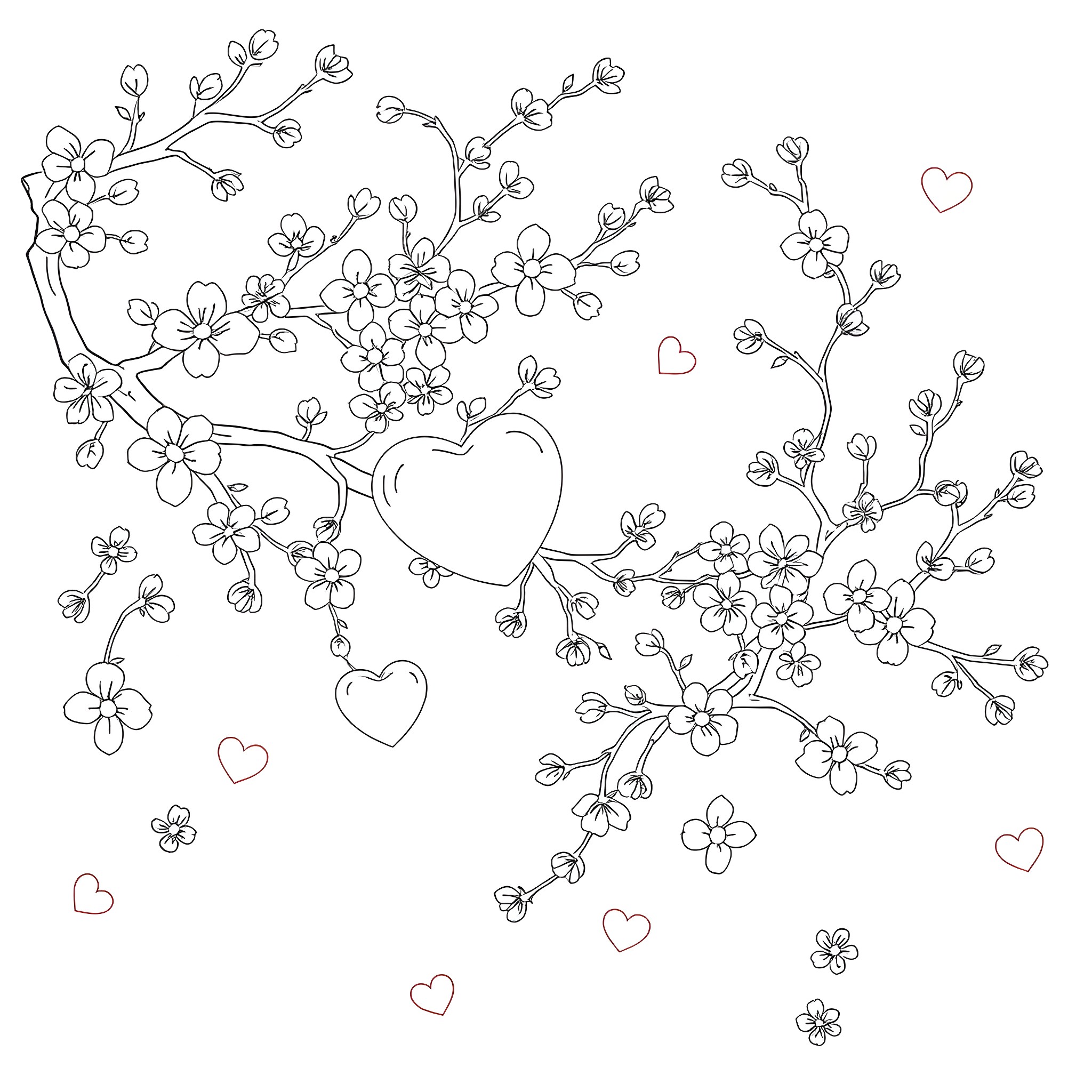 Heart-shaped Blossoms and Floral Branches Coloring Page (free black-and-white line drawing printable PDF for all, from beginners to advanced learners, including children, teens, adults, and seniors)