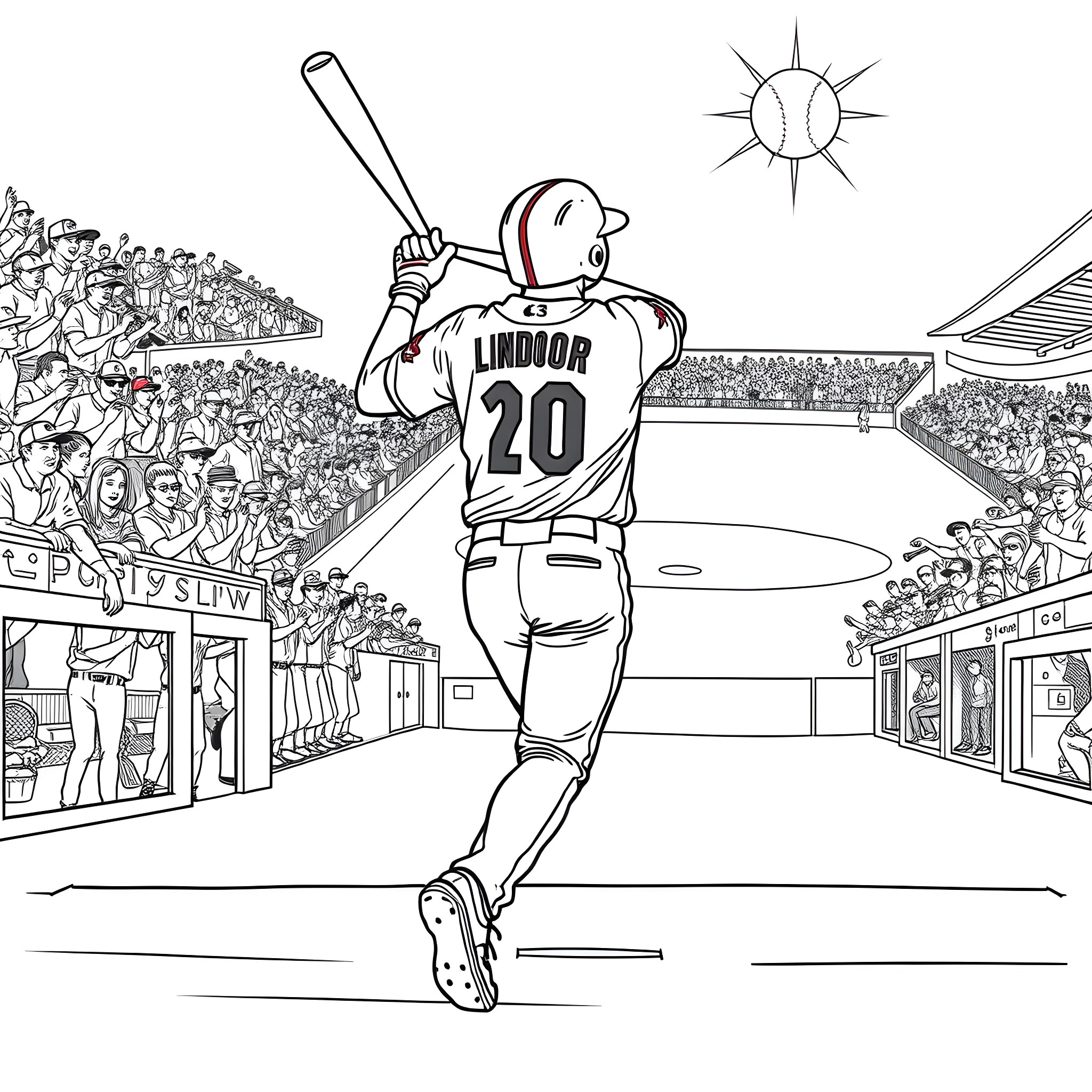 Francisco Lindor batting at baseball stadium Coloring Page (free black-and-white line drawing printable PDF for all, from beginners to advanced learners, including children, teens, adults, and seniors)