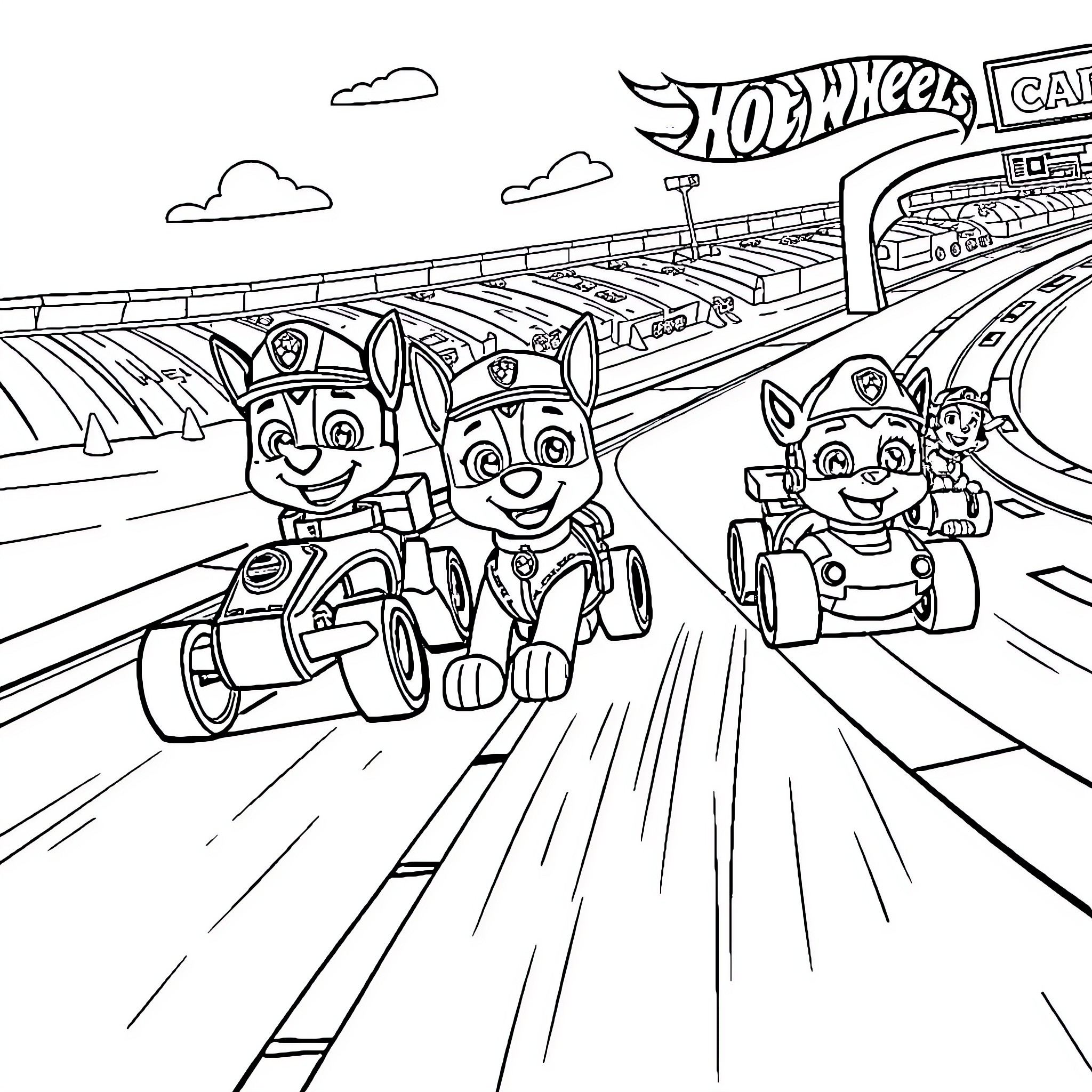 Paw Patrol pups racing in Hot Wheels car showroom Coloring Page (free black-and-white line drawing printable PDF for all, from beginners to advanced learners, including children, teens, adults, and seniors)