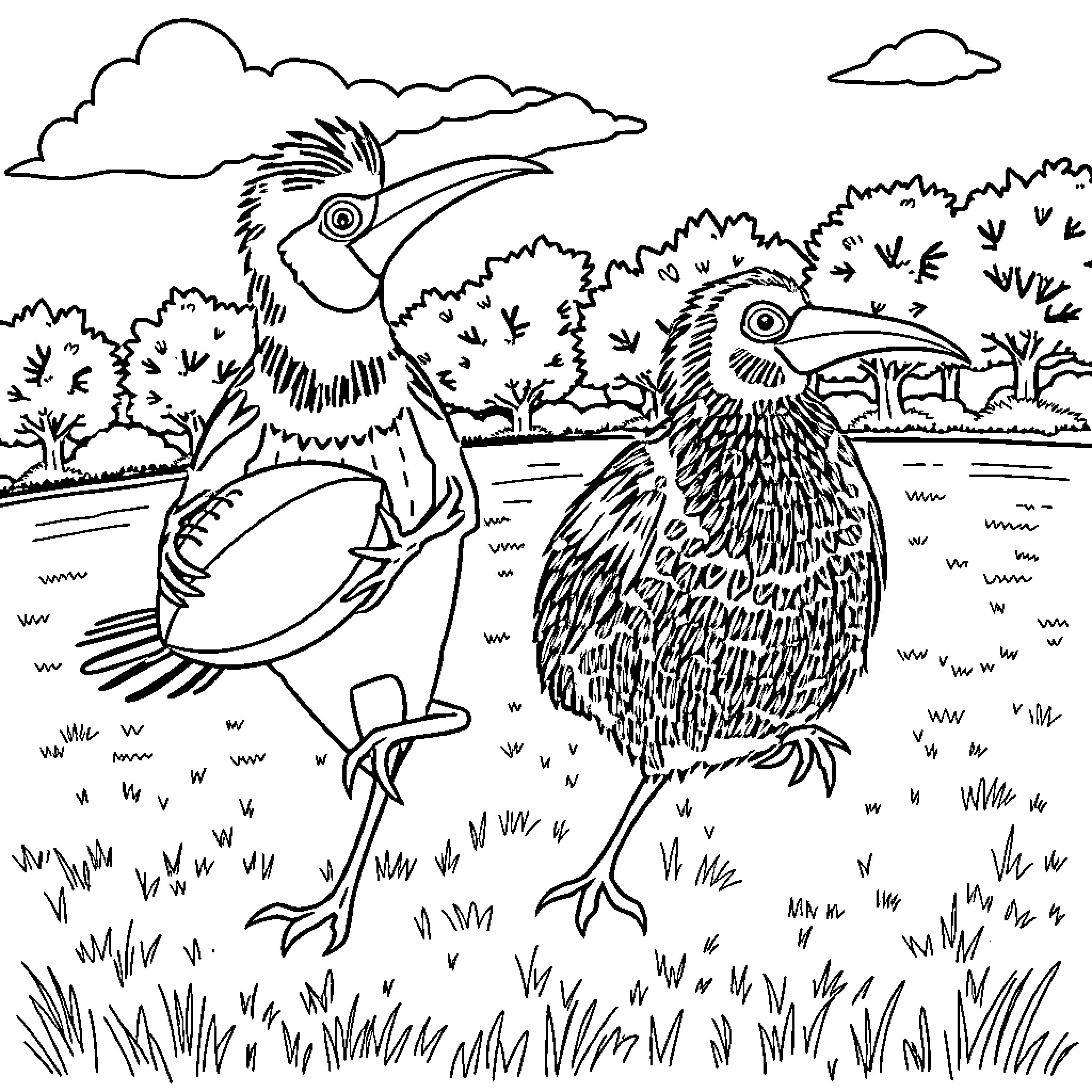 Bird friends in the lush forest Coloring Page (free black-and-white line drawing printable PDF for all, from beginners to advanced learners, including children, teens, adults, and seniors)