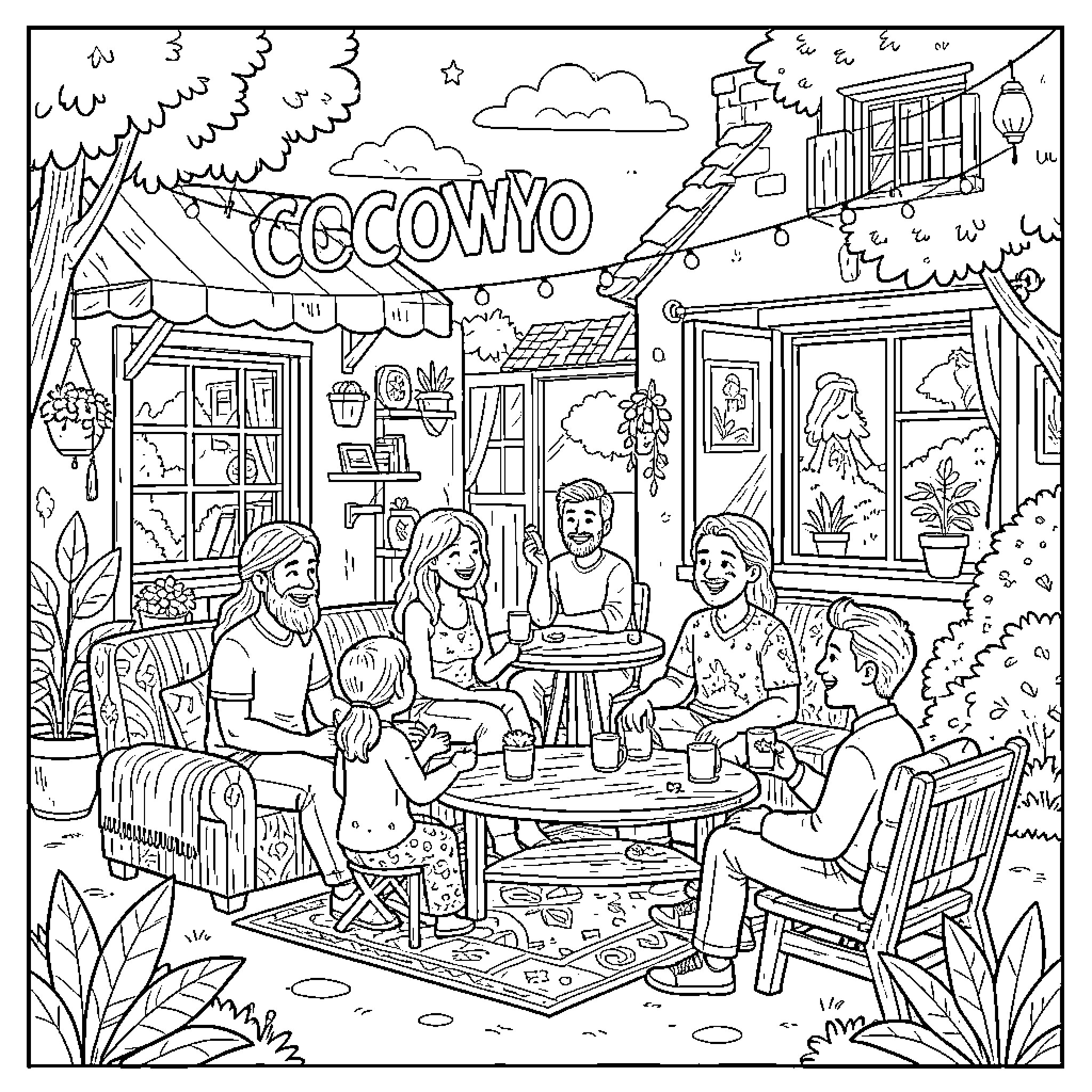 Cocowyo: Friendly gathering at an outdoor cafe Coloring Page (free black-and-white line drawing printable PDF for all, from beginners to advanced learners, including children, teens, adults, and seniors)