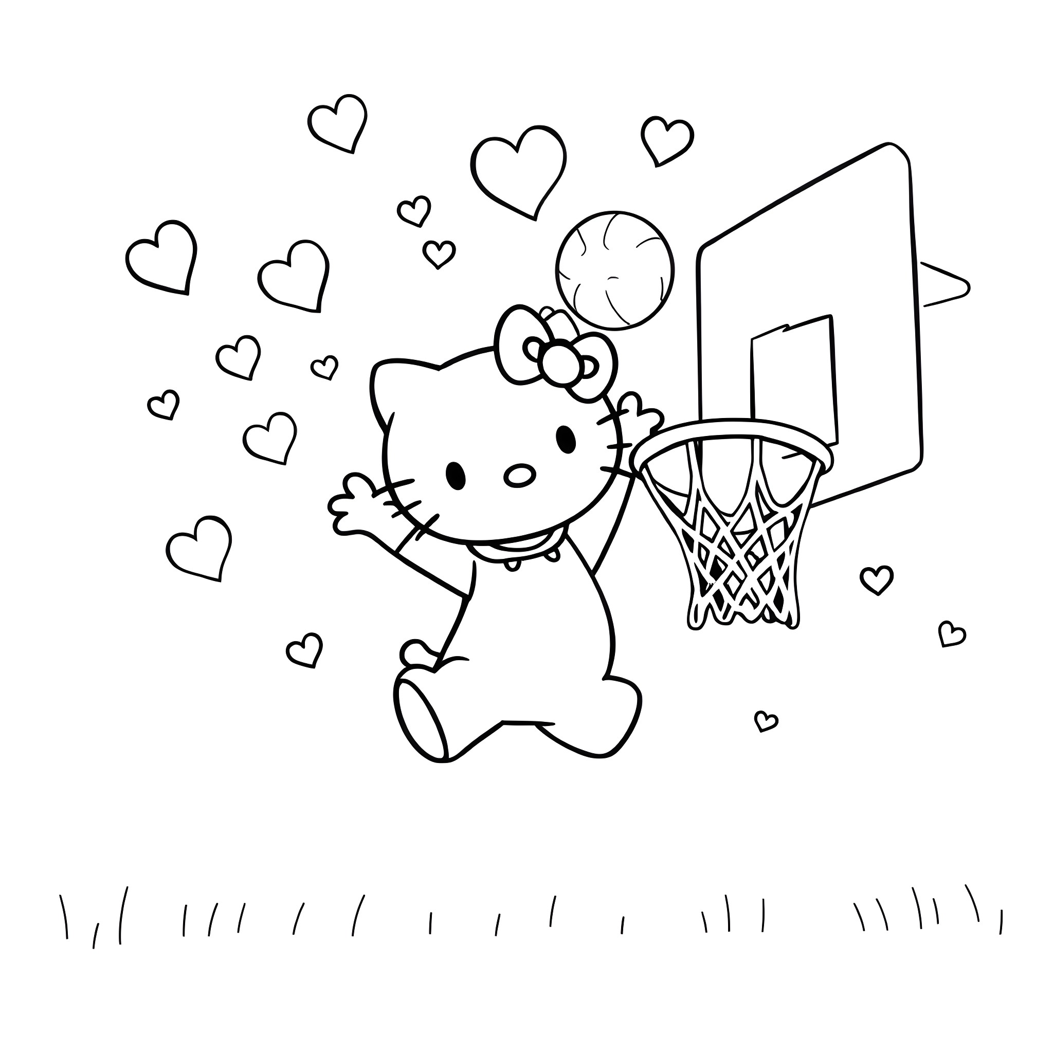 Hello Kitty playing basketball with hearts Coloring Page (free black-and-white line drawing printable PDF for all, from beginners to advanced learners, including children, teens, adults, and seniors)