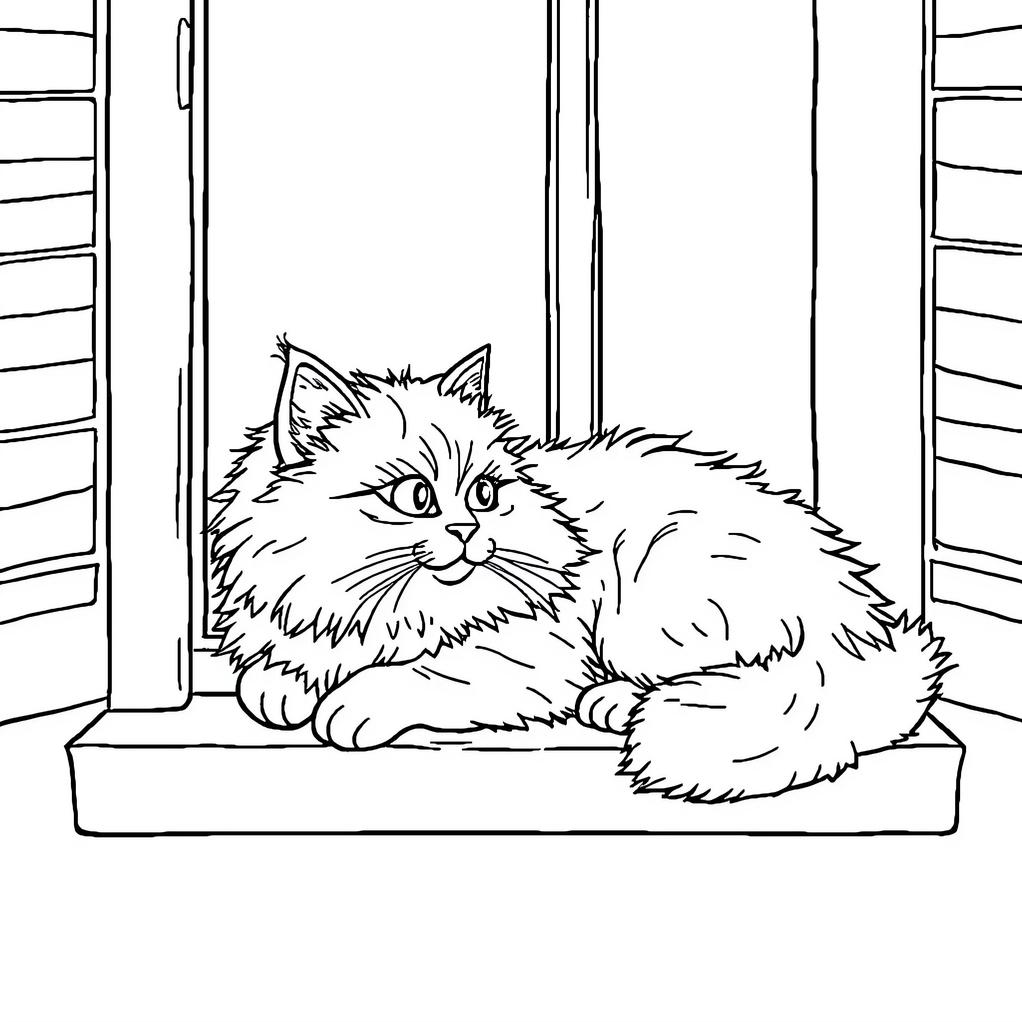 Cat resting peacefully on windowsill Coloring Page (free black-and-white line drawing printable PDF for all, from beginners to advanced learners, including children, teens, adults, and seniors)