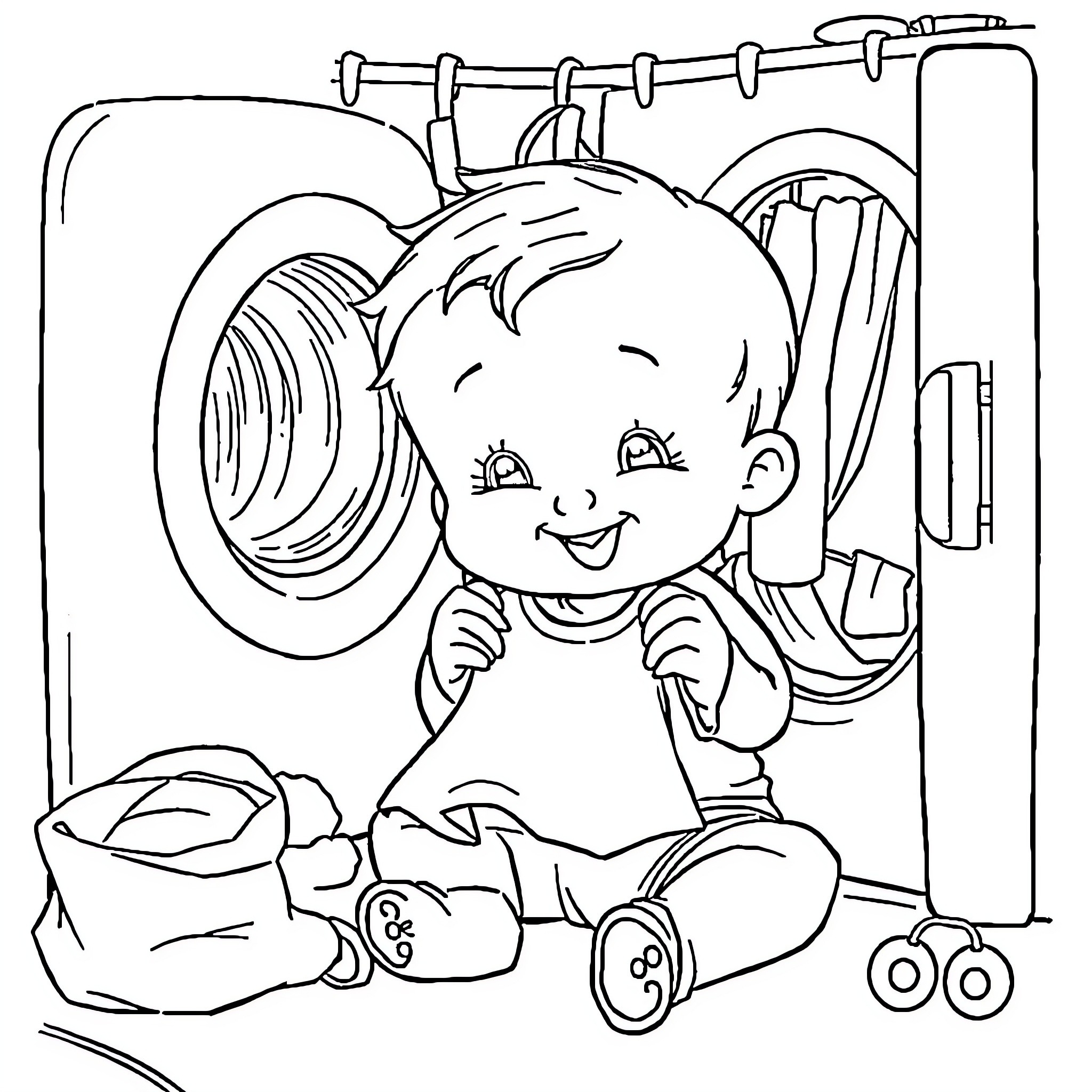 Baby playing happily with laundry items Coloring Page (free black-and-white line drawing printable PDF for all, from beginners to advanced learners, including children, teens, adults, and seniors)