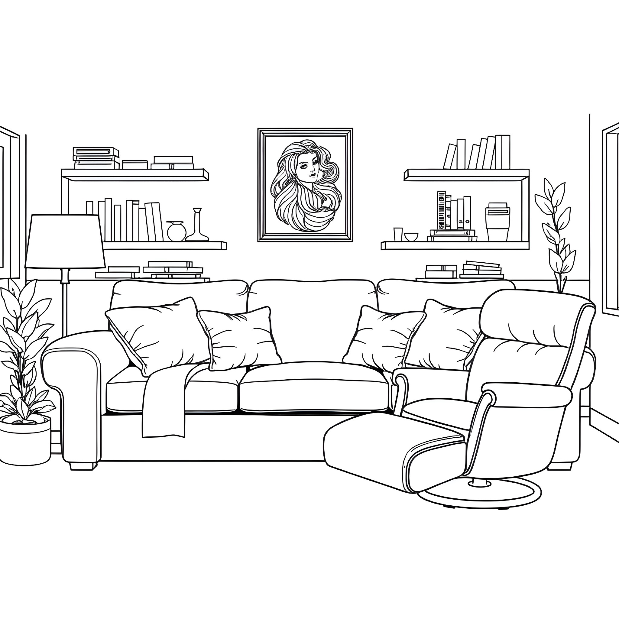 Couch and Shelves in Relaxing Living Room Coloring Page (free black-and-white line drawing printable PDF for all, from beginners to advanced learners, including children, teens, adults, and seniors)