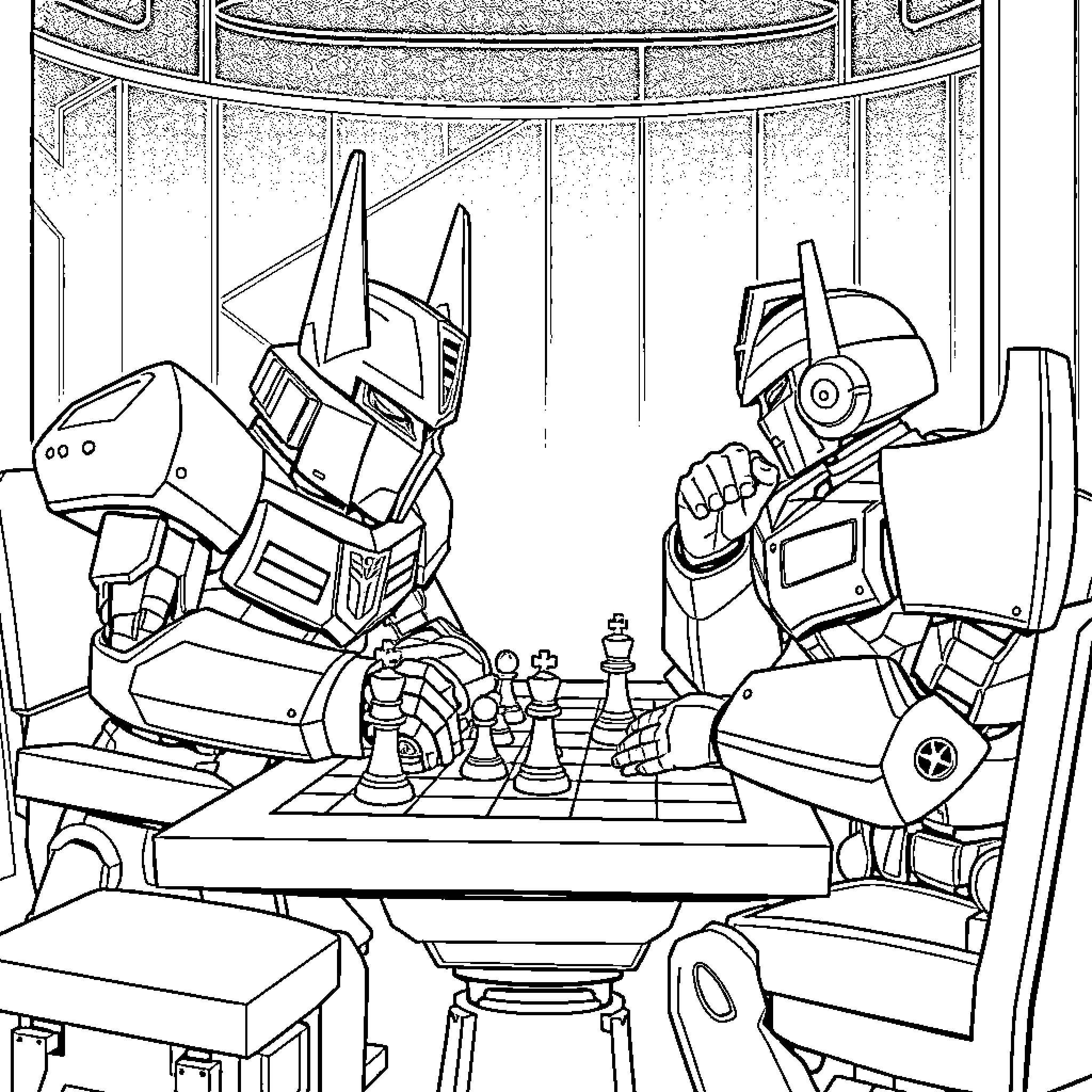 Megatron Robots Engage in Chess Match Coloring Page (free black-and-white line drawing printable PDF for all, from beginners to advanced learners, including children, teens, adults, and seniors)
