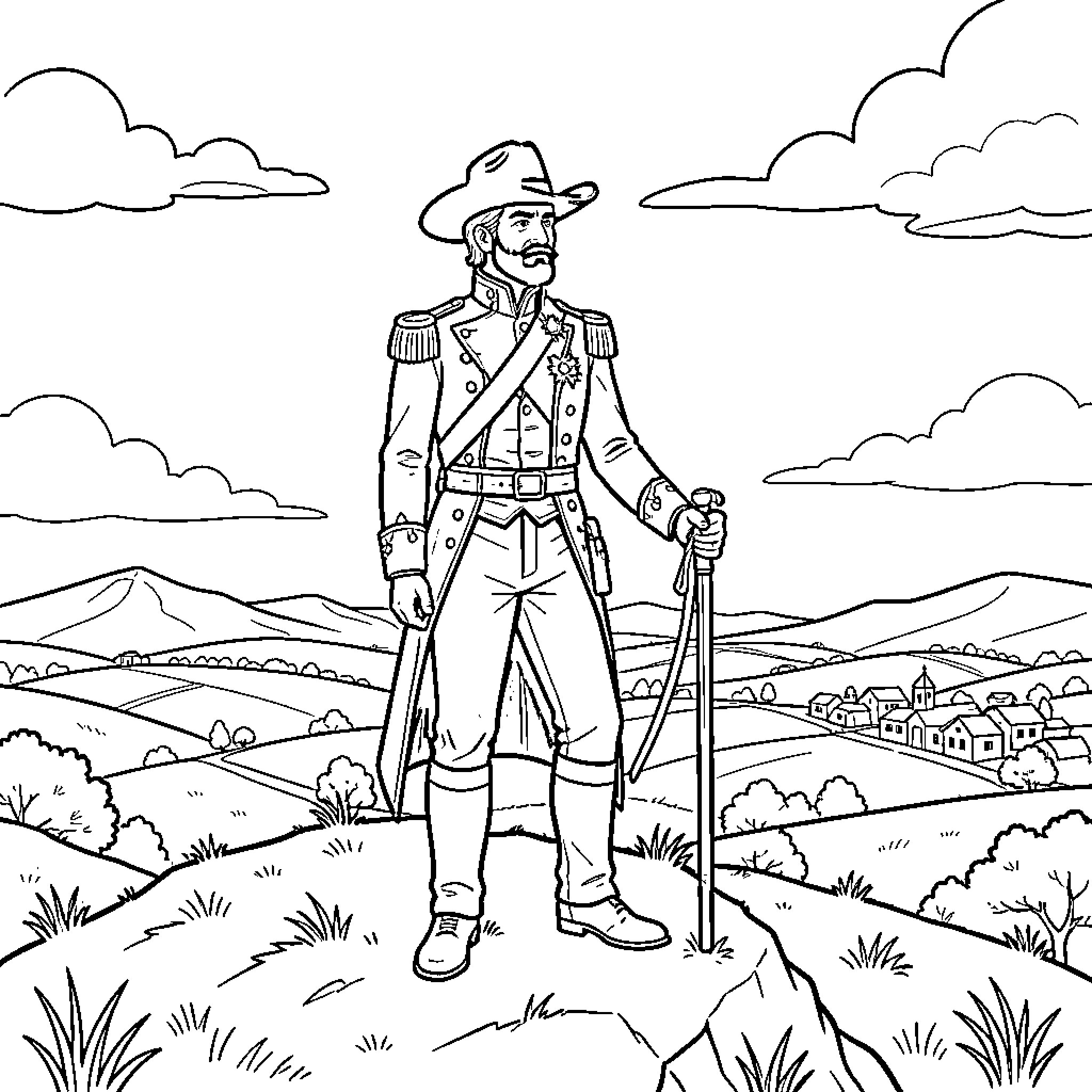 Caudillo in military uniform standing overlooking a landscape Coloring Page (free black-and-white line drawing printable PDF for all, from beginners to advanced learners, including children, teens, adults, and seniors)