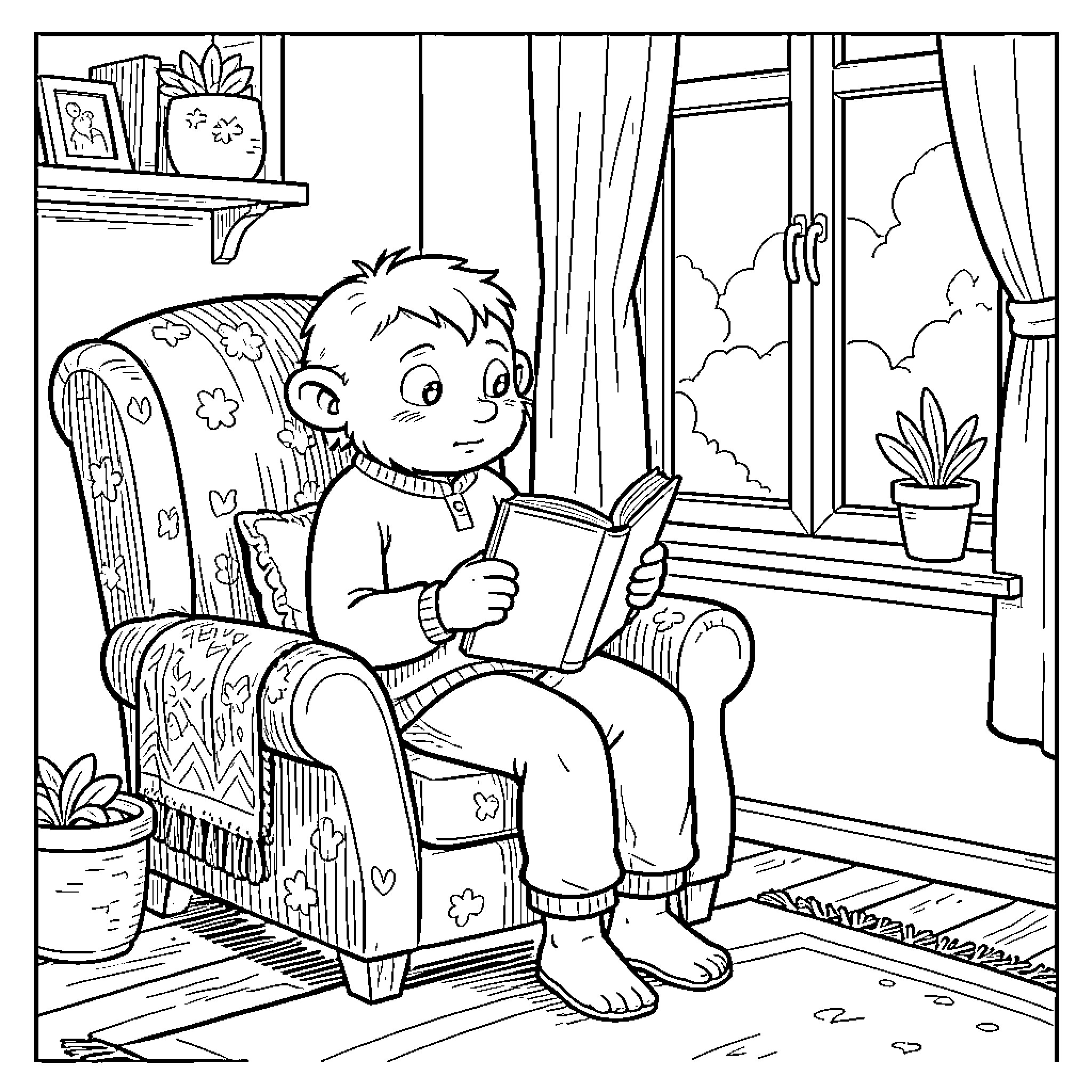 Giddo sitting in an armchair reading a book Coloring Page (free black-and-white line drawing printable PDF for all, from beginners to advanced learners, including children, teens, adults, and seniors)