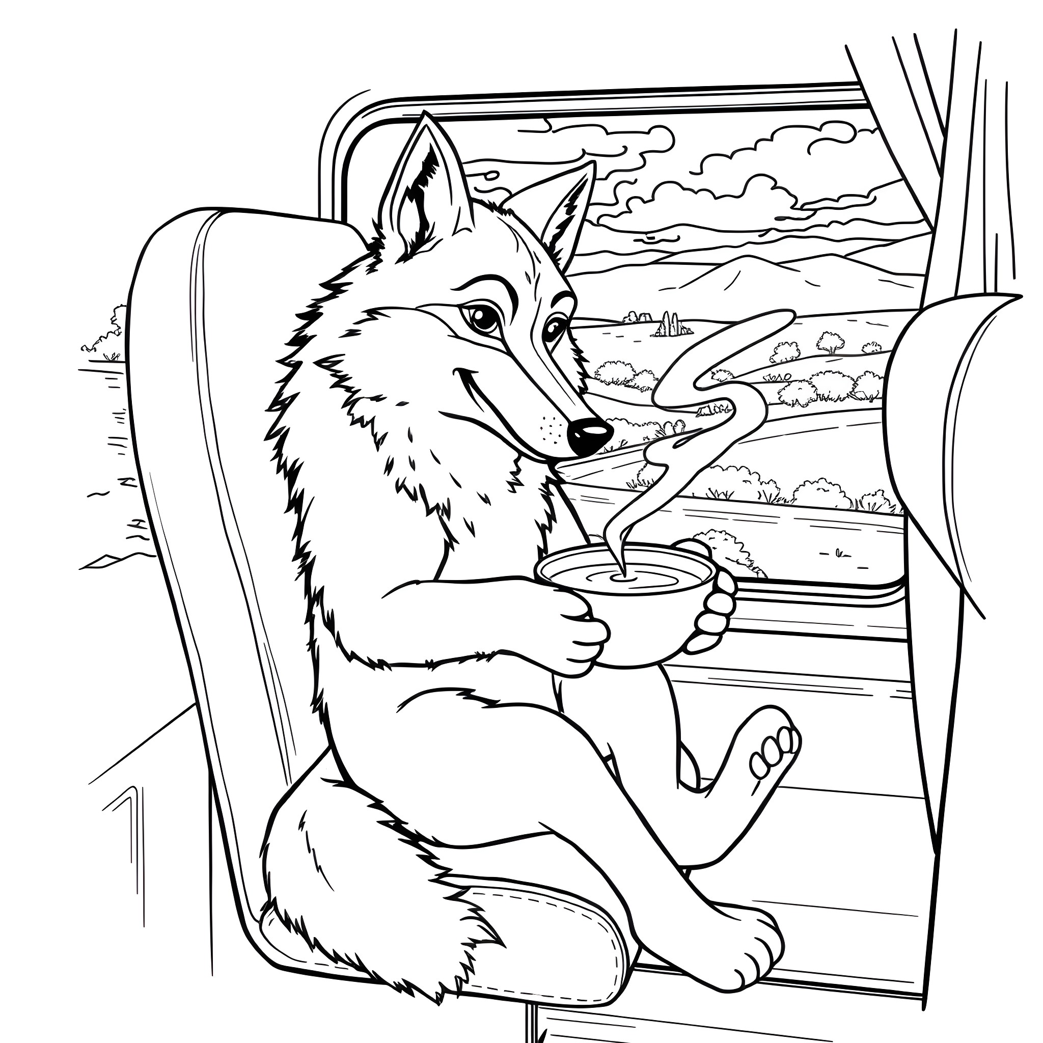 Wolf relaxing with a mug in the wilderness Coloring Page (free black-and-white line drawing printable PDF for all, from beginners to advanced learners, including children, teens, adults, and seniors)