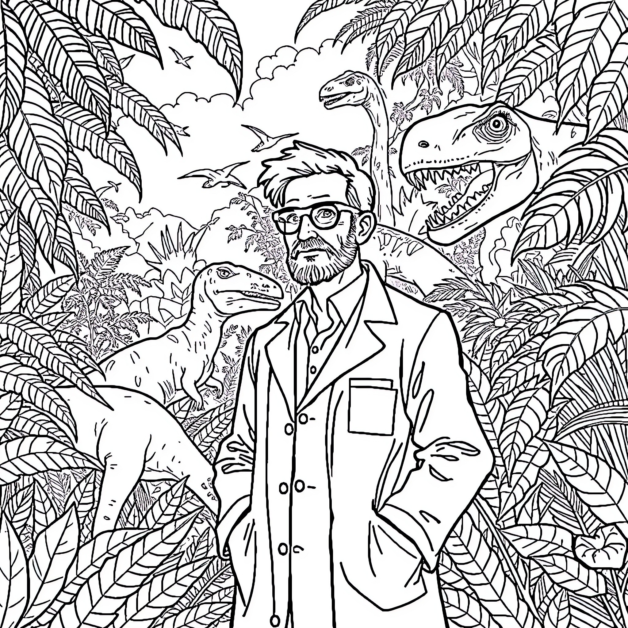 Chemist exploring the wondrous jungle landscape Coloring Page (free black-and-white line drawing printable PDF for all, from beginners to advanced learners, including children, teens, adults, and seniors)