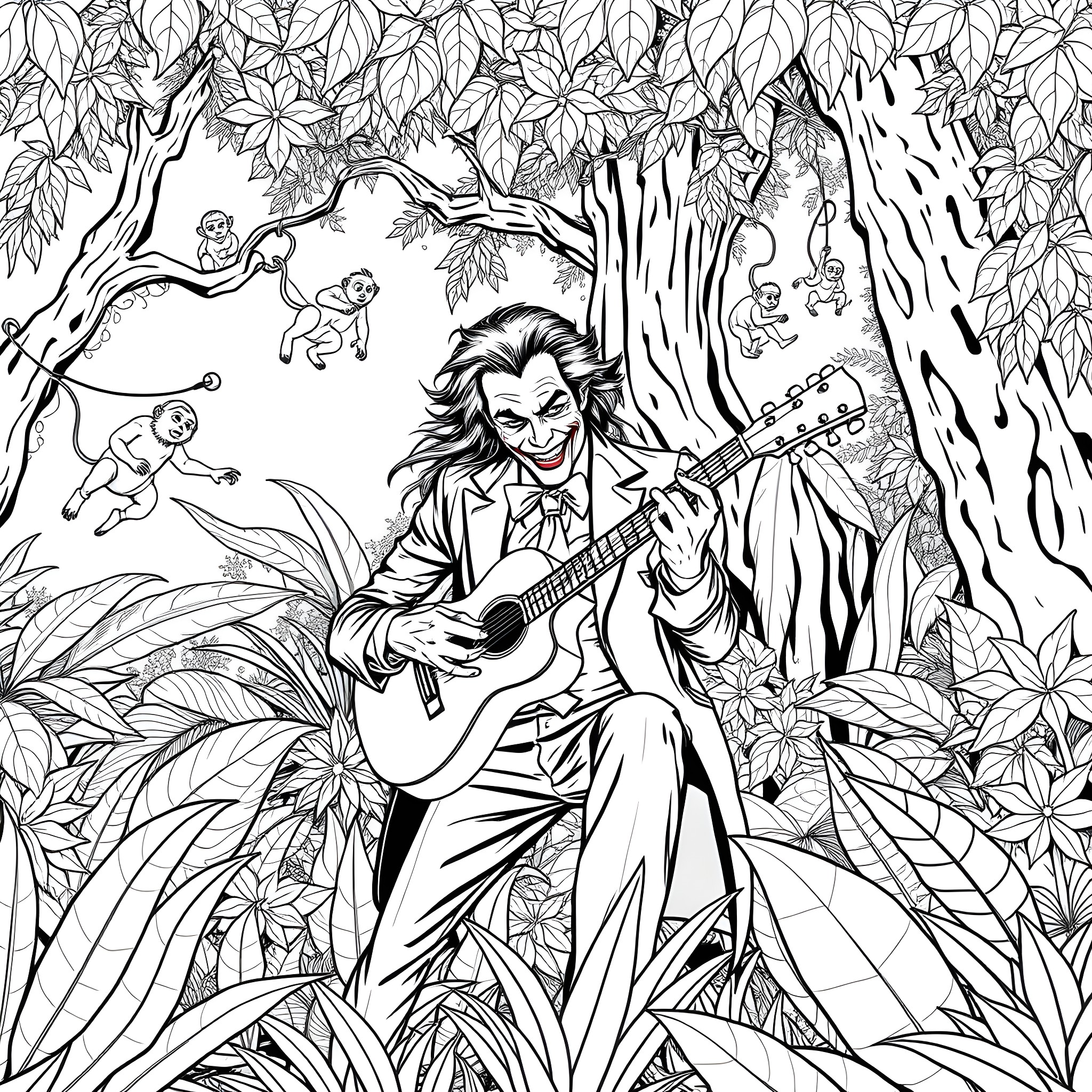 Joker playing guitar in whimsical forest scene Coloring Page (free black-and-white line drawing printable PDF for all, from beginners to advanced learners, including children, teens, adults, and seniors)