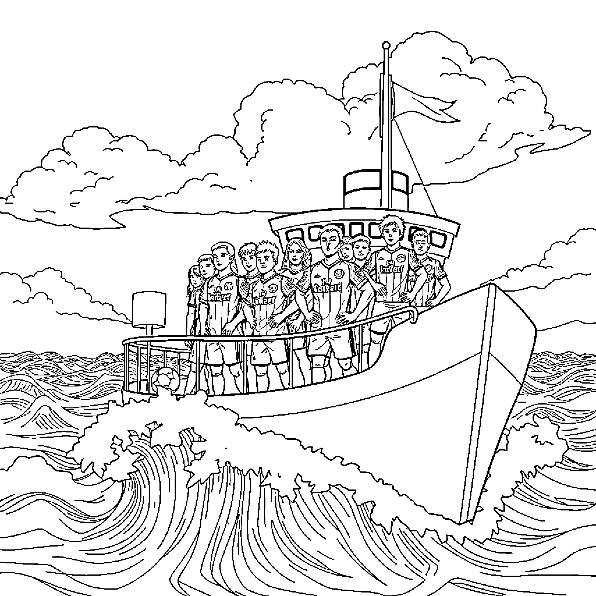 Manchester United Players Sailing Through Stormy Seas Coloring Page (free black-and-white line drawing printable PDF for all, from beginners to advanced learners, including children, teens, adults, and seniors)