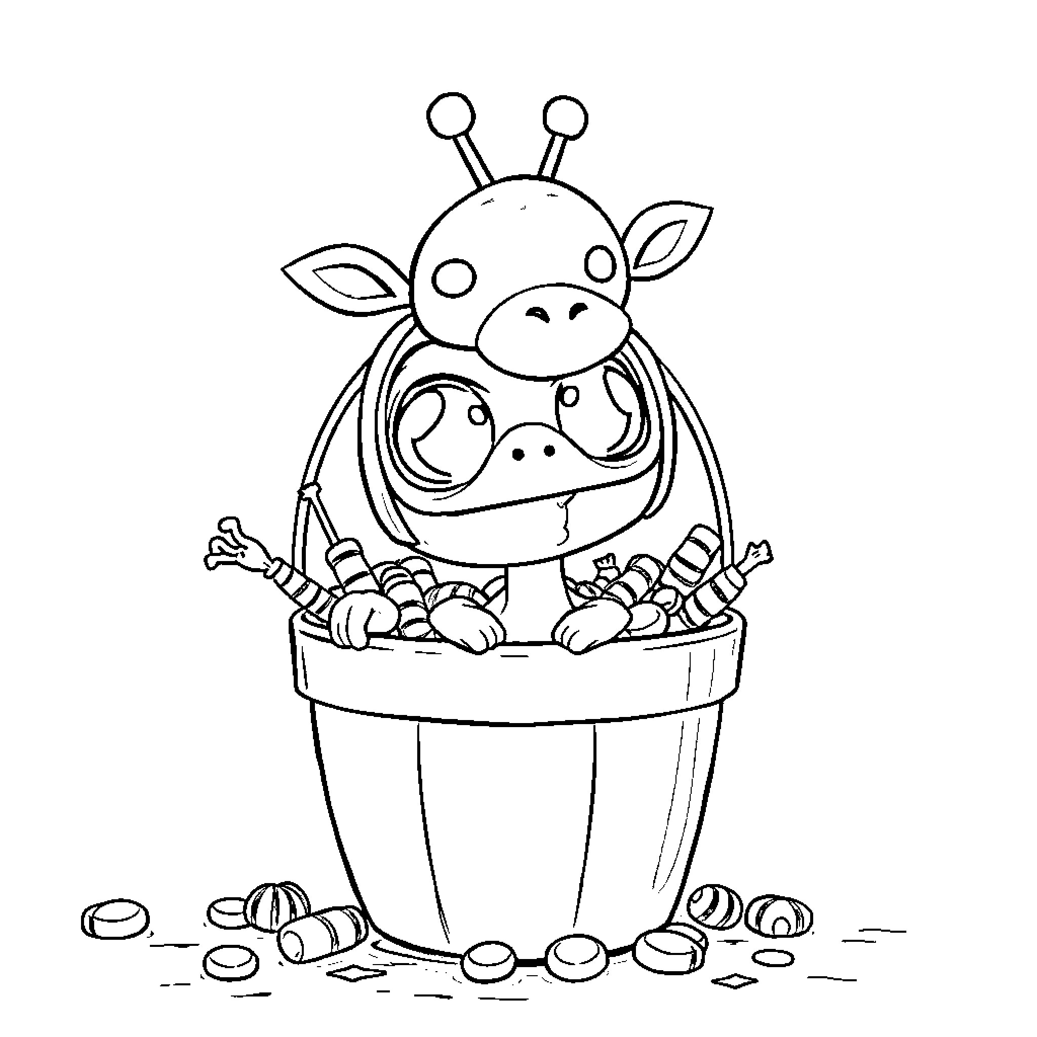 Gir sitting in a plant pot with sweets Coloring Page (free black-and-white line drawing printable PDF for all, from beginners to advanced learners, including children, teens, adults, and seniors)
