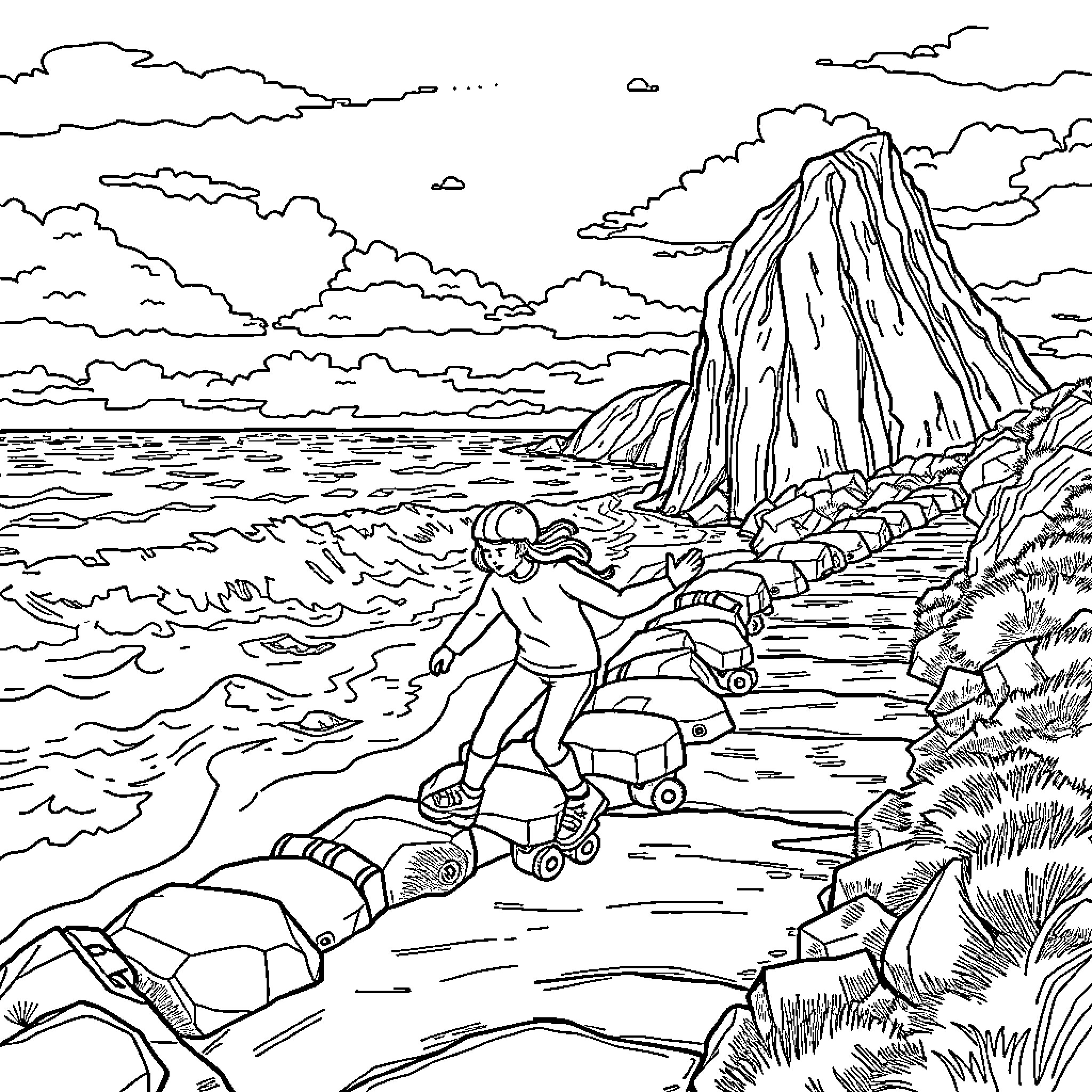 Roller Skating by the Scenic Cliffside Coloring Page (free black-and-white line drawing printable PDF for all, from beginners to advanced learners, including children, teens, adults, and seniors)