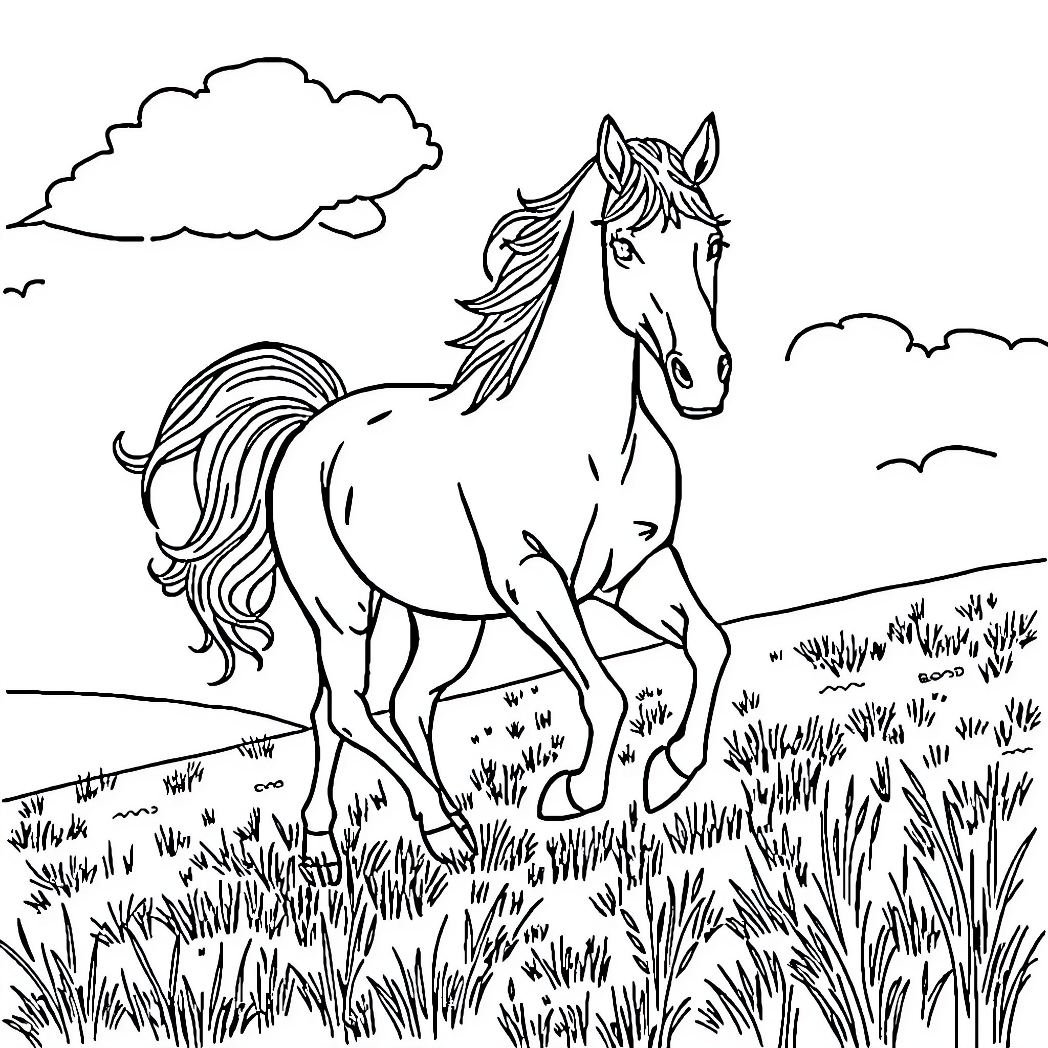 Horse galloping through a grassy field Coloring Page (free black-and-white line drawing printable PDF for all, from beginners to advanced learners, including children, teens, adults, and seniors)