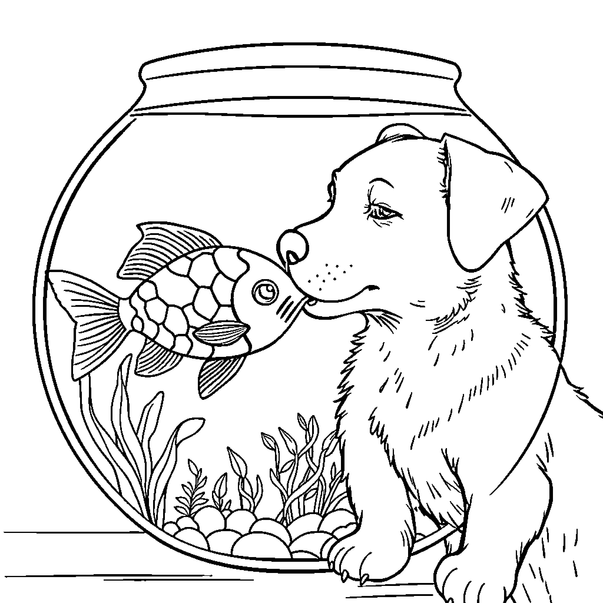 Dog Looking at Fish in Fishbowl Coloring Page (free black-and-white line drawing printable PDF for all, from beginners to advanced learners, including children, teens, adults, and seniors)