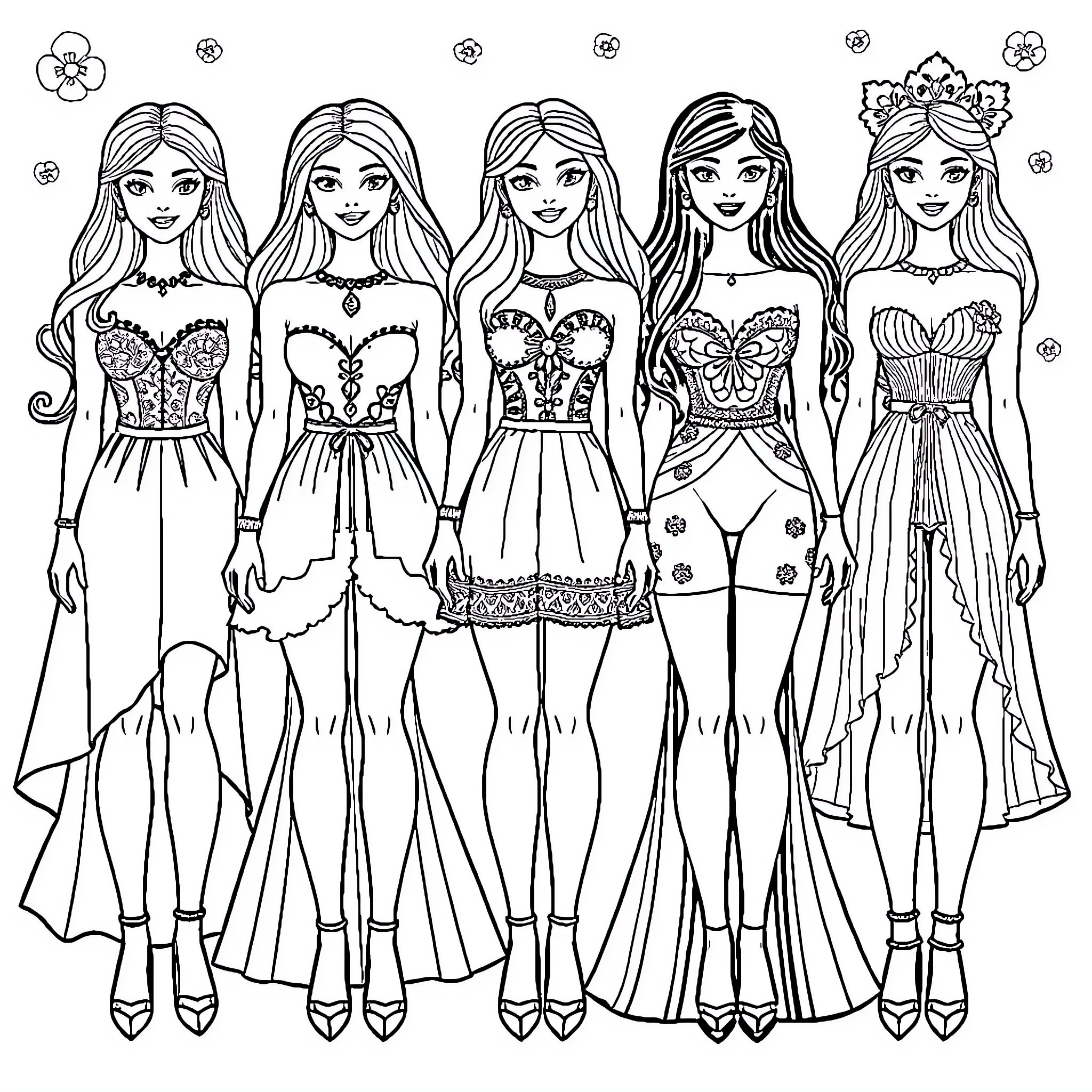Paper Doll Fashion Showcase Coloring Page (free black-and-white line drawing printable PDF for all, from beginners to advanced learners, including children, teens, adults, and seniors)