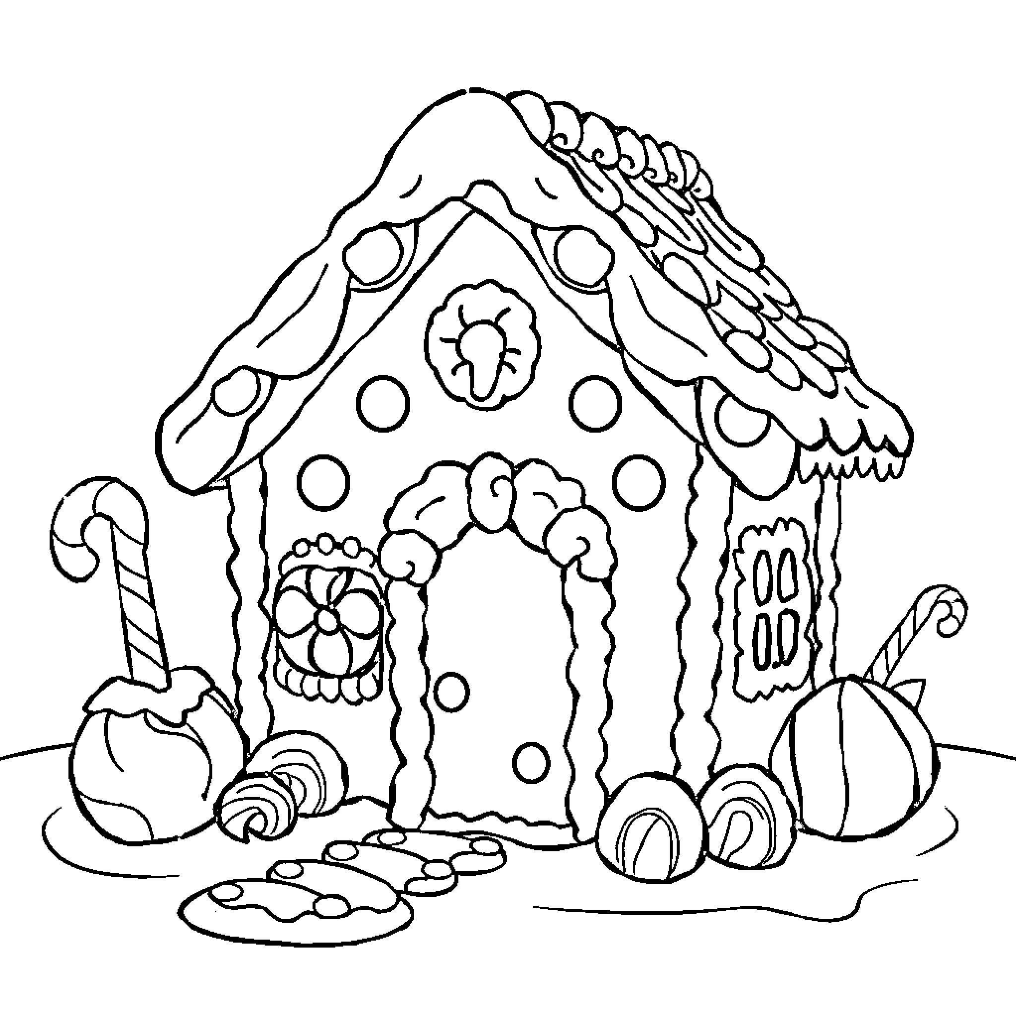 Gingerbread House with Festive Decorations and Treats Coloring Page (free black-and-white line drawing printable PDF for all, from beginners to advanced learners, including children, teens, adults, and seniors)