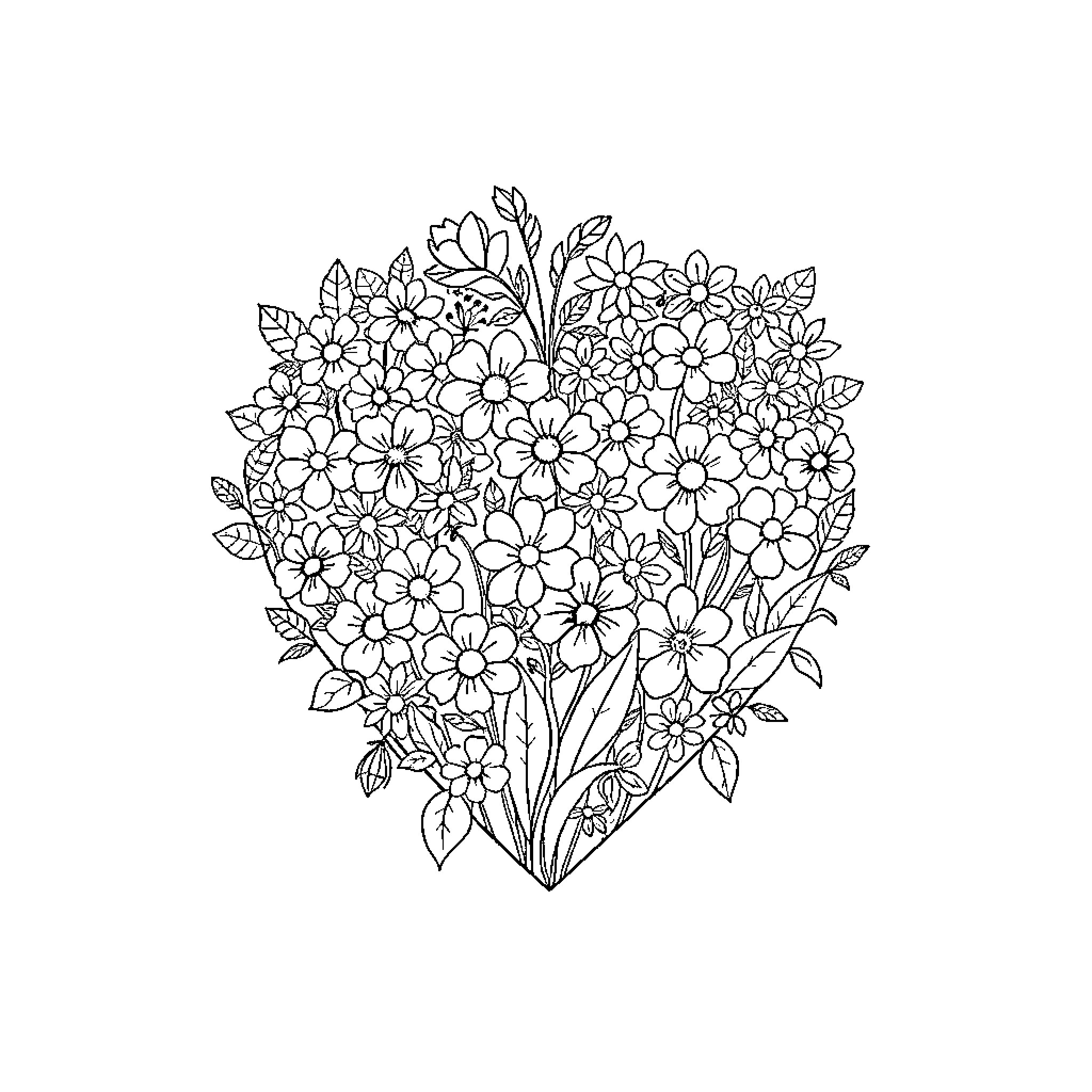 Heart-shaped floral arrangement with blossoming flowers Coloring Page (free black-and-white line drawing printable PDF for all, from beginners to advanced learners, including children, teens, adults, and seniors)