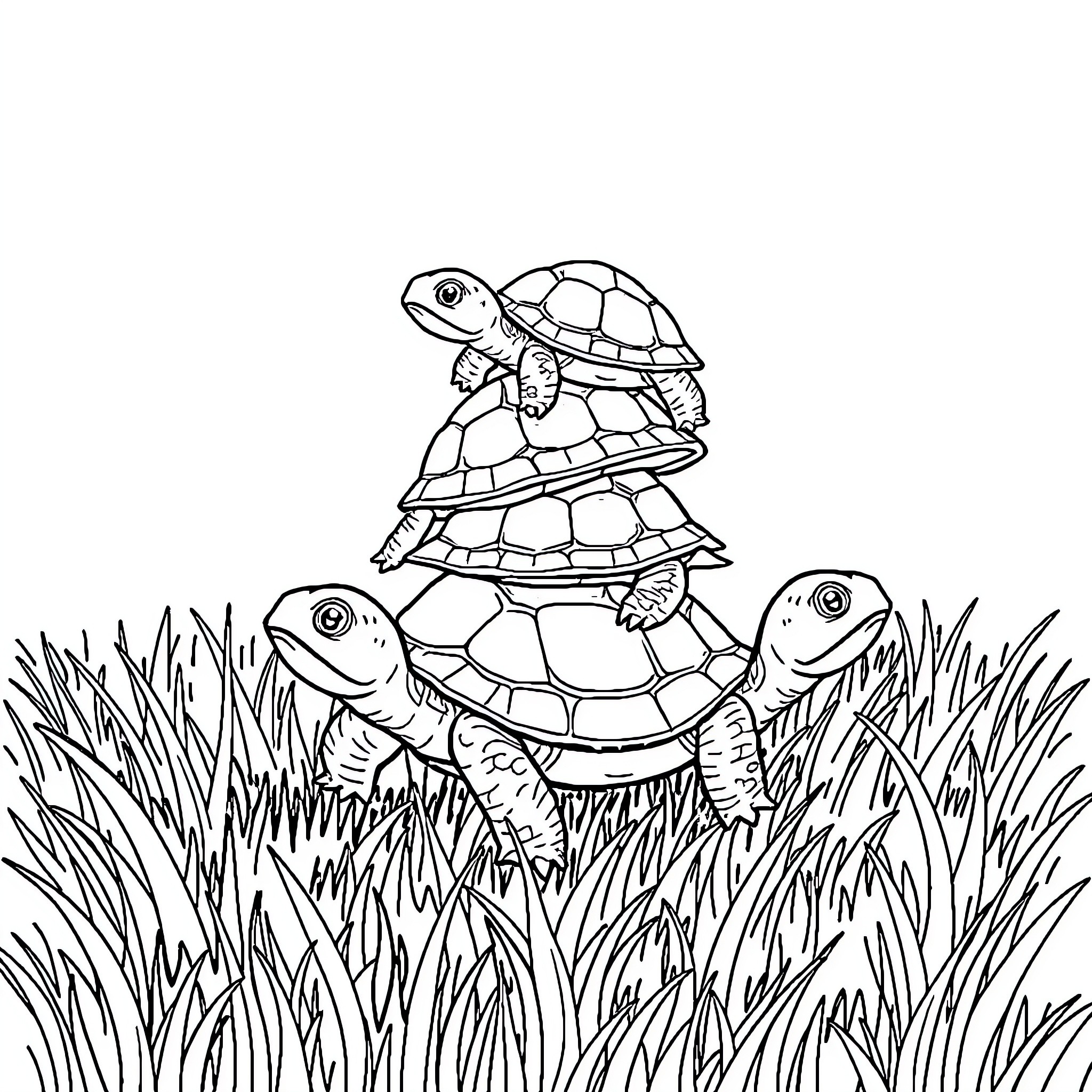 Turtle Family in the Grassy Field Coloring Page (free black-and-white line drawing printable PDF for all, from beginners to advanced learners, including children, teens, adults, and seniors)