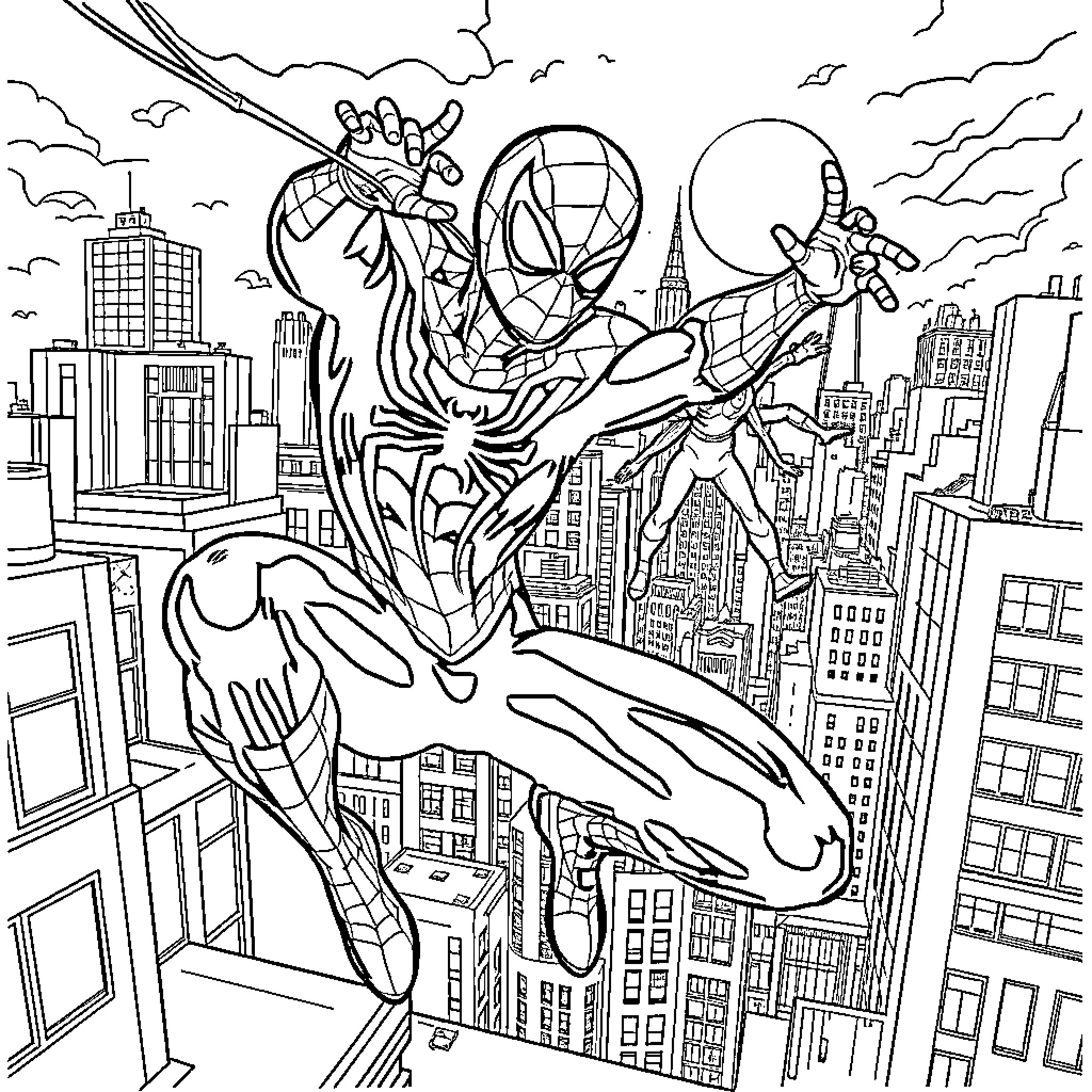 Spiderman swinging through the city skyline Coloring Page (free black-and-white line drawing printable PDF for all, from beginners to advanced learners, including children, teens, adults, and seniors)