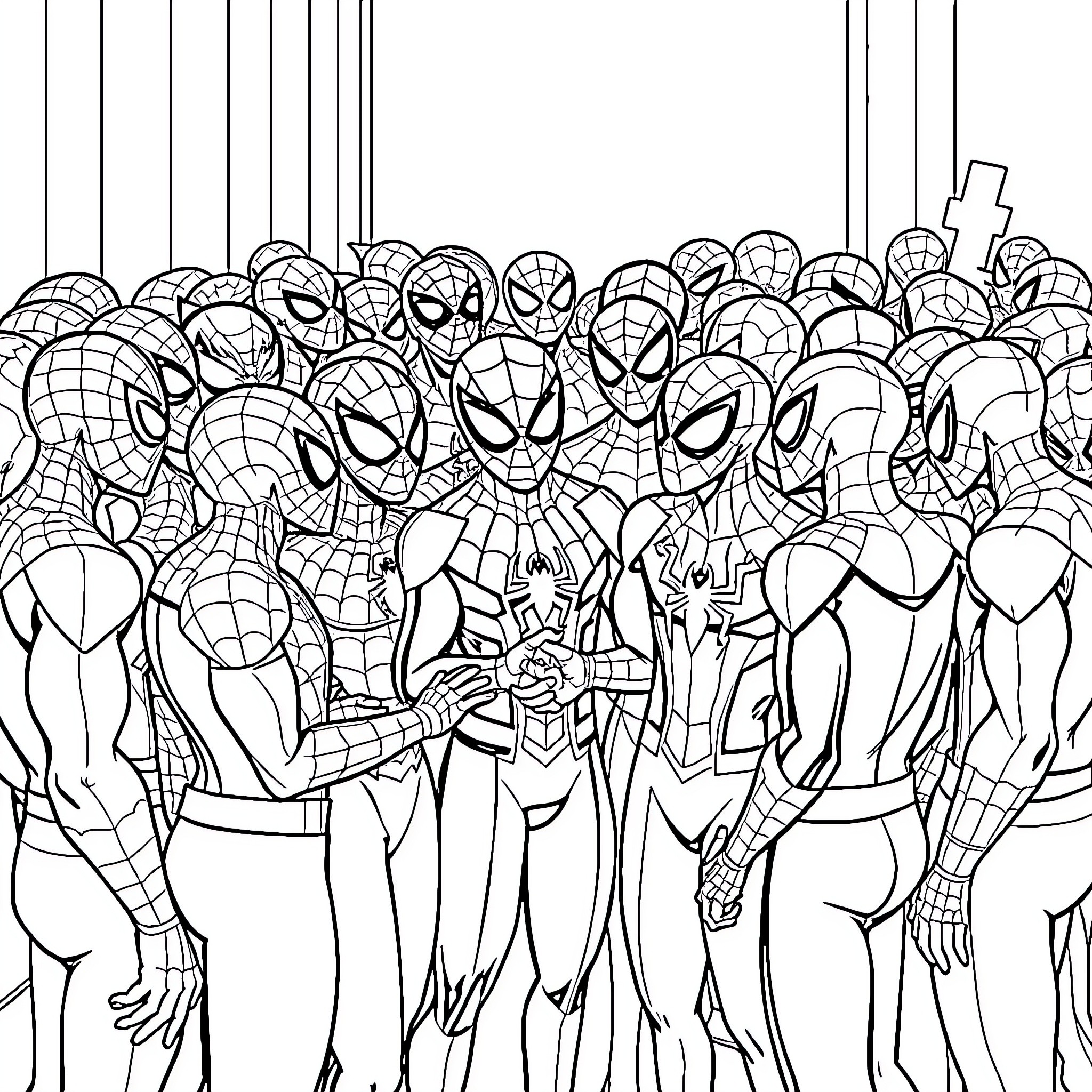 Spider-Man crowd of different poses and costumes Coloring Page (free black-and-white line drawing printable PDF for all, from beginners to advanced learners, including children, teens, adults, and seniors)