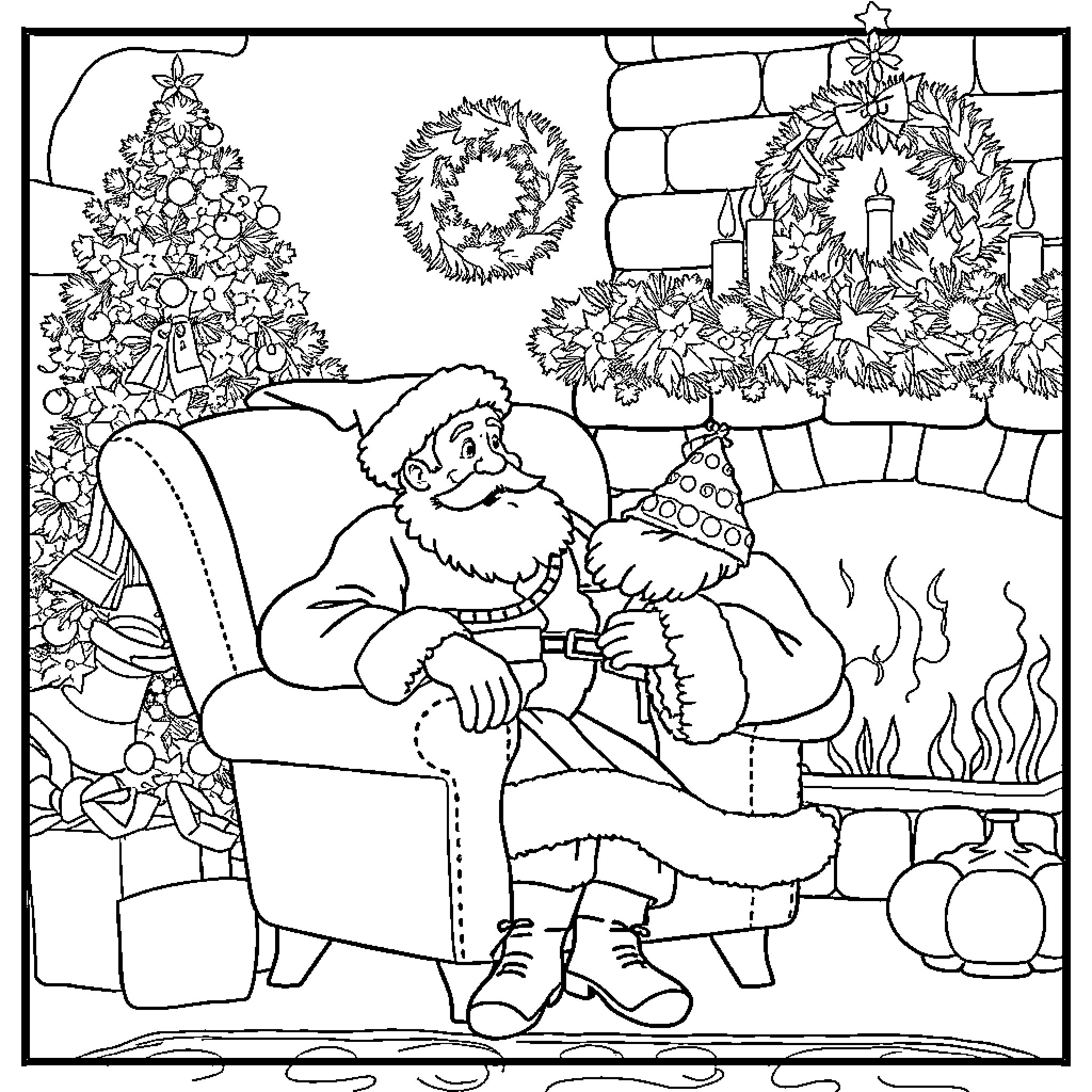 Père Noël relaxing by the fireplace with Christmas decorations Coloring Page (free black-and-white line drawing printable PDF for all, from beginners to advanced learners, including children, teens, adults, and seniors)