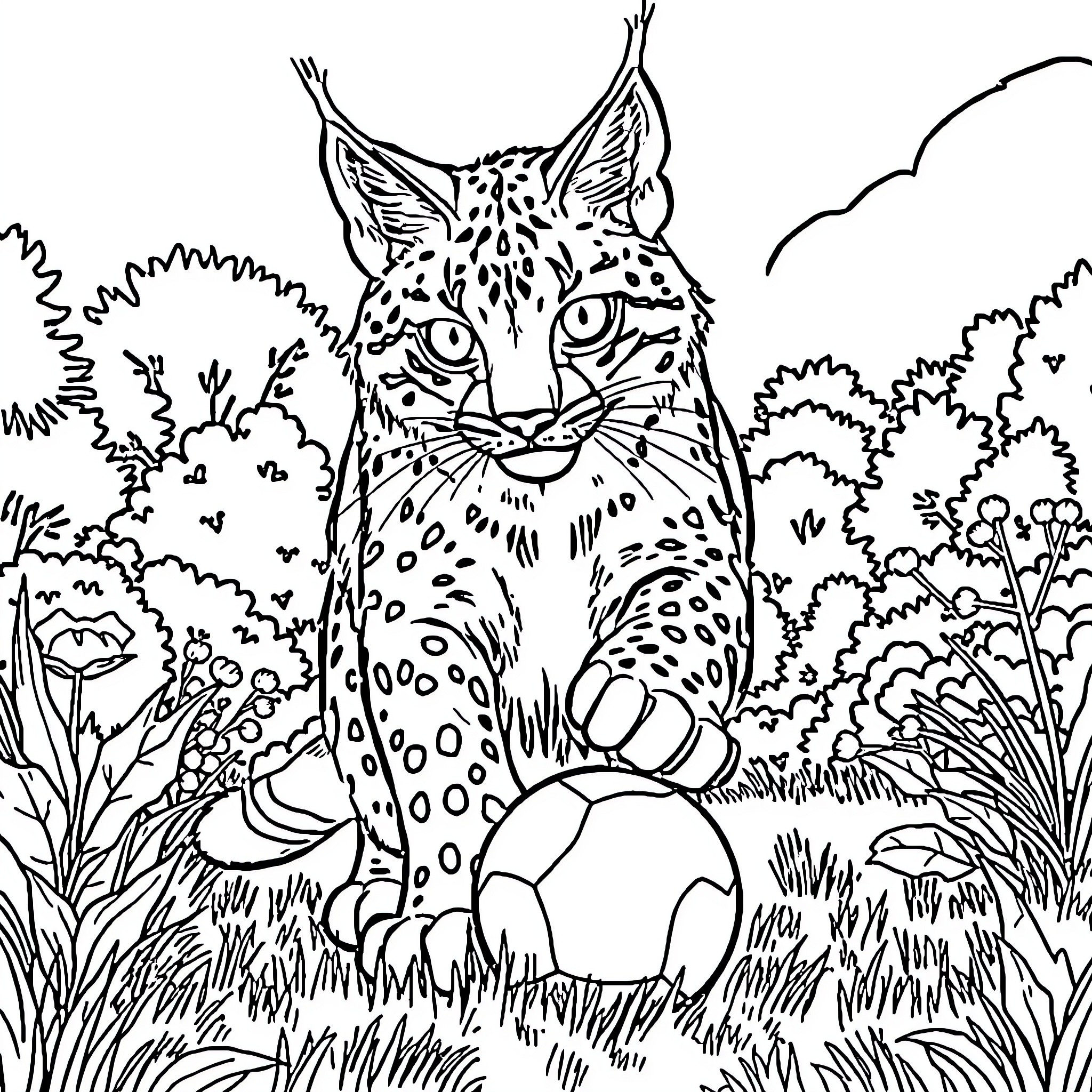 Lynx hunting among the forest undergrowth Coloring Page (free black-and-white line drawing printable PDF for all, from beginners to advanced learners, including children, teens, adults, and seniors)