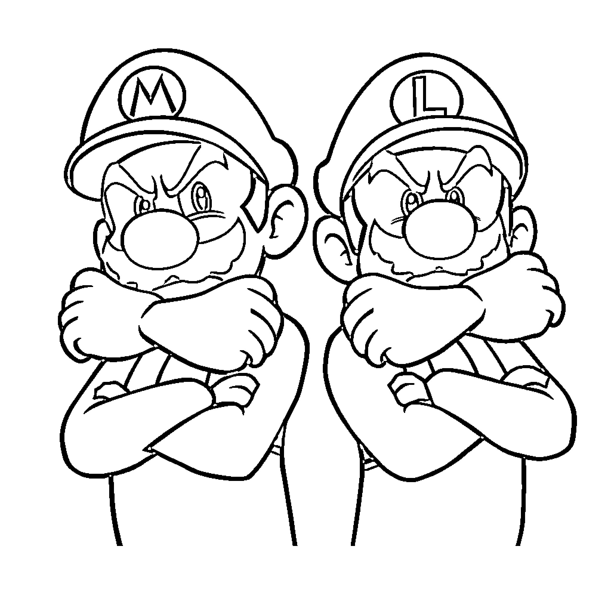 Mario and Luigi in Pose Coloring Page (free black-and-white line drawing printable PDF for all, from beginners to advanced learners, including children, teens, adults, and seniors)