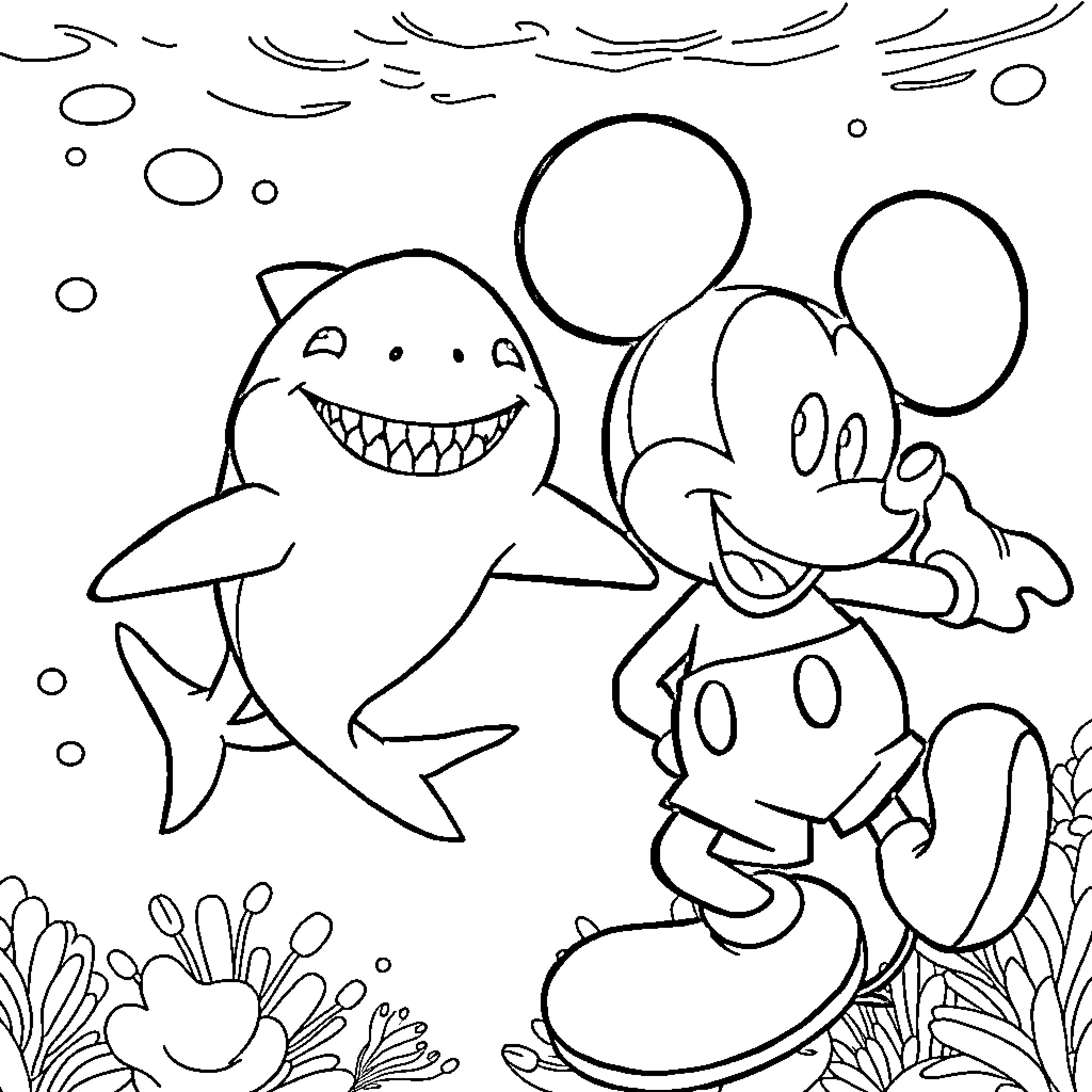Baby Shark playing happily with Mickey Mouse underwater Coloring Page (free black-and-white line drawing printable PDF for all, from beginners to advanced learners, including children, teens, adults, and seniors)