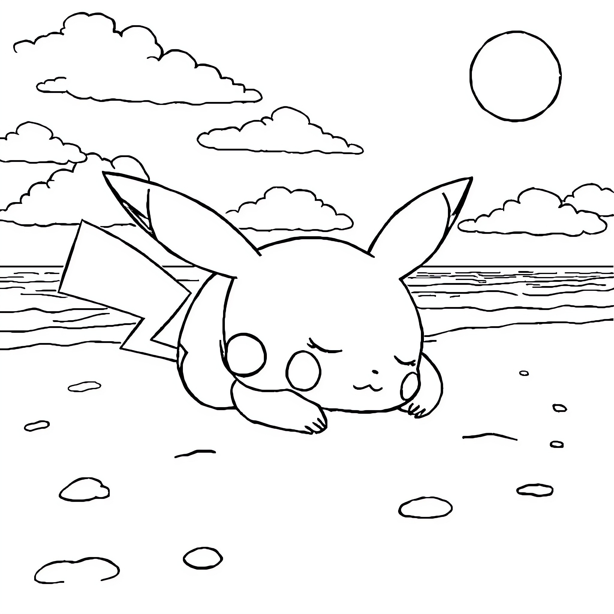 Pikachu relaxing on the beach Coloring Page (free black-and-white line drawing printable PDF for all, from beginners to advanced learners, including children, teens, adults, and seniors)