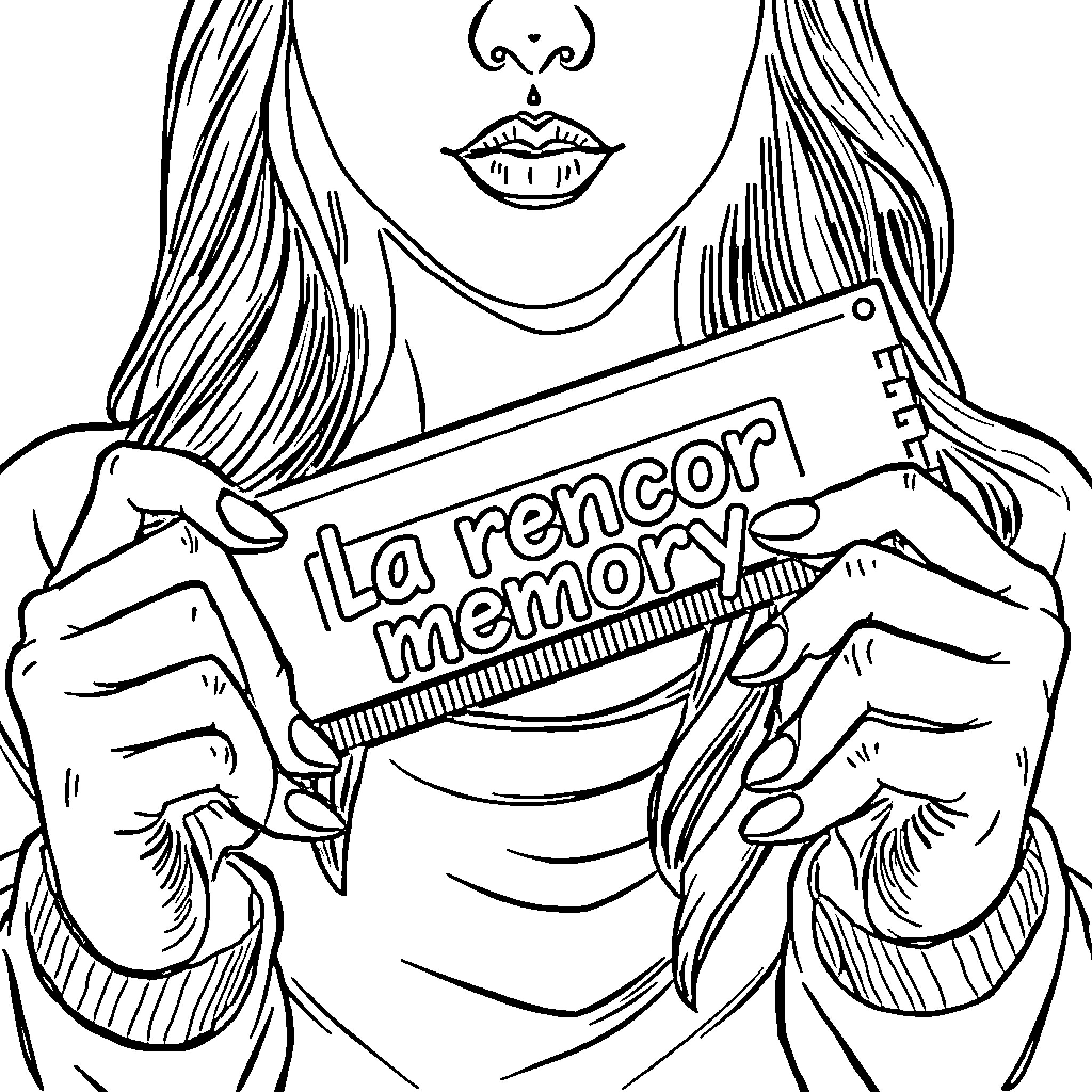 Mujer sostiene y observa un libro sobre memoria Coloring Page (free black-and-white line drawing printable PDF for all, from beginners to advanced learners, including children, teens, adults, and seniors)
