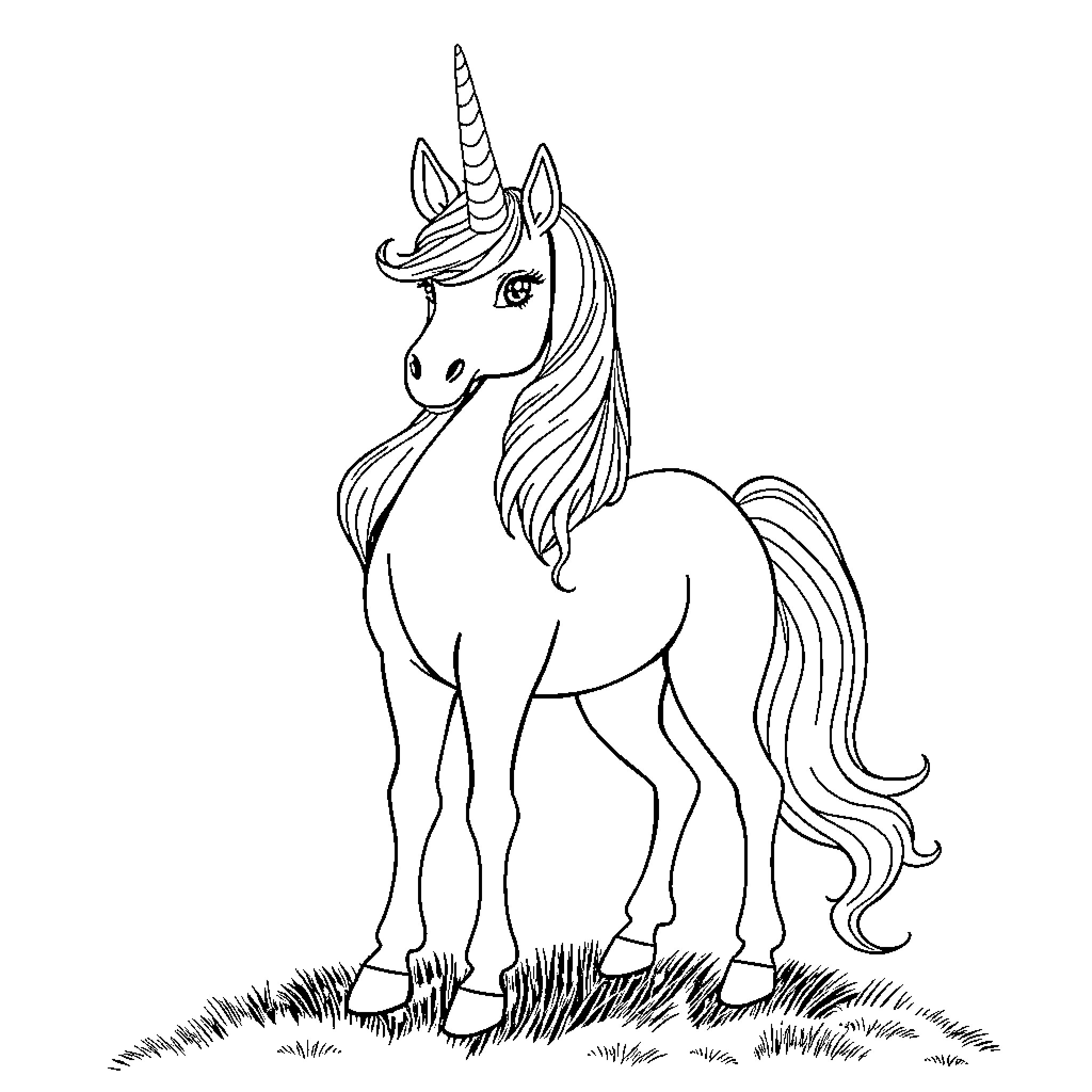 Unicorn standing majestically in the field Coloring Page (free black-and-white line drawing printable PDF for all, from beginners to advanced learners, including children, teens, adults, and seniors)