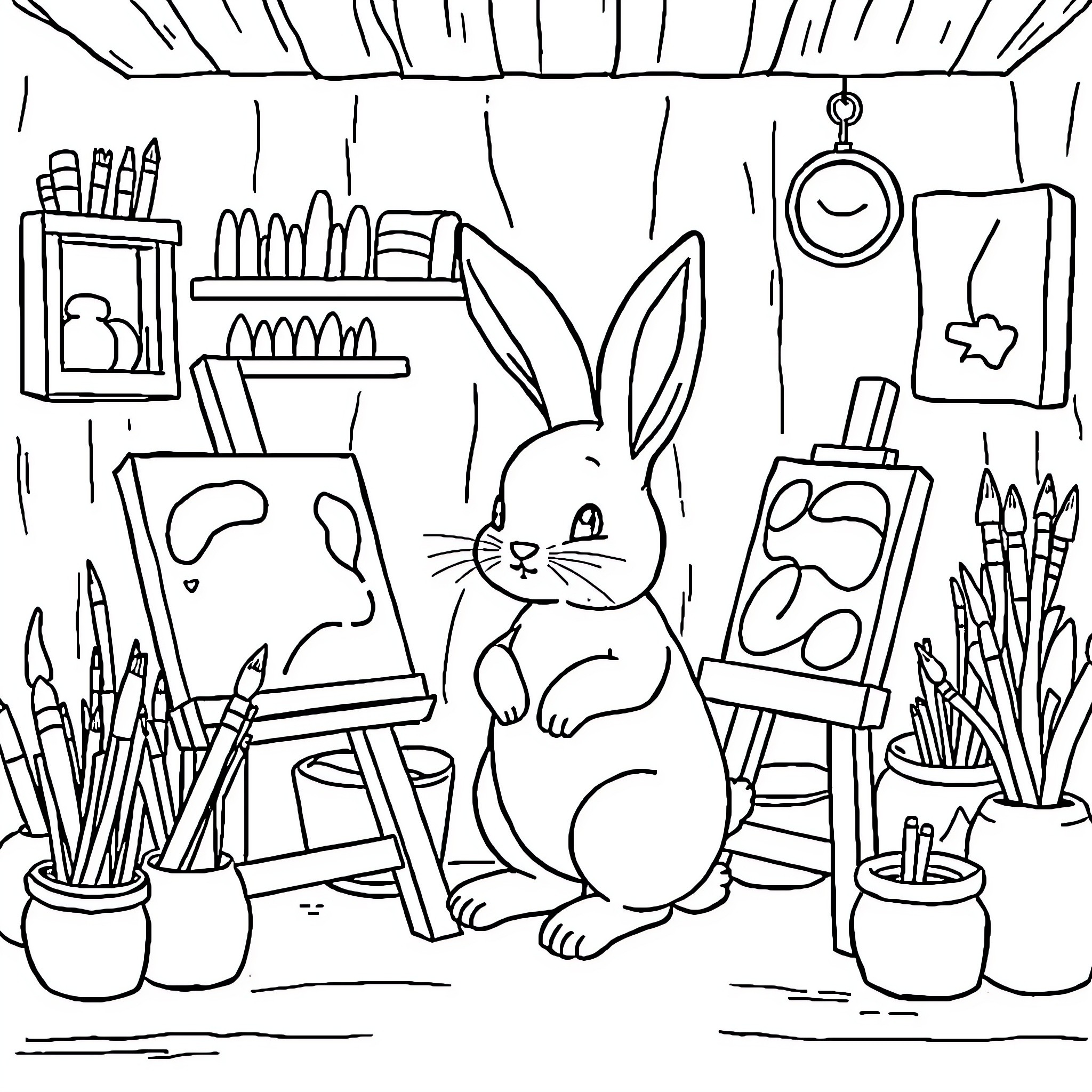 Bunny painting in an art studio Coloring Page (free black-and-white line drawing printable PDF for all, from beginners to advanced learners, including children, teens, adults, and seniors)