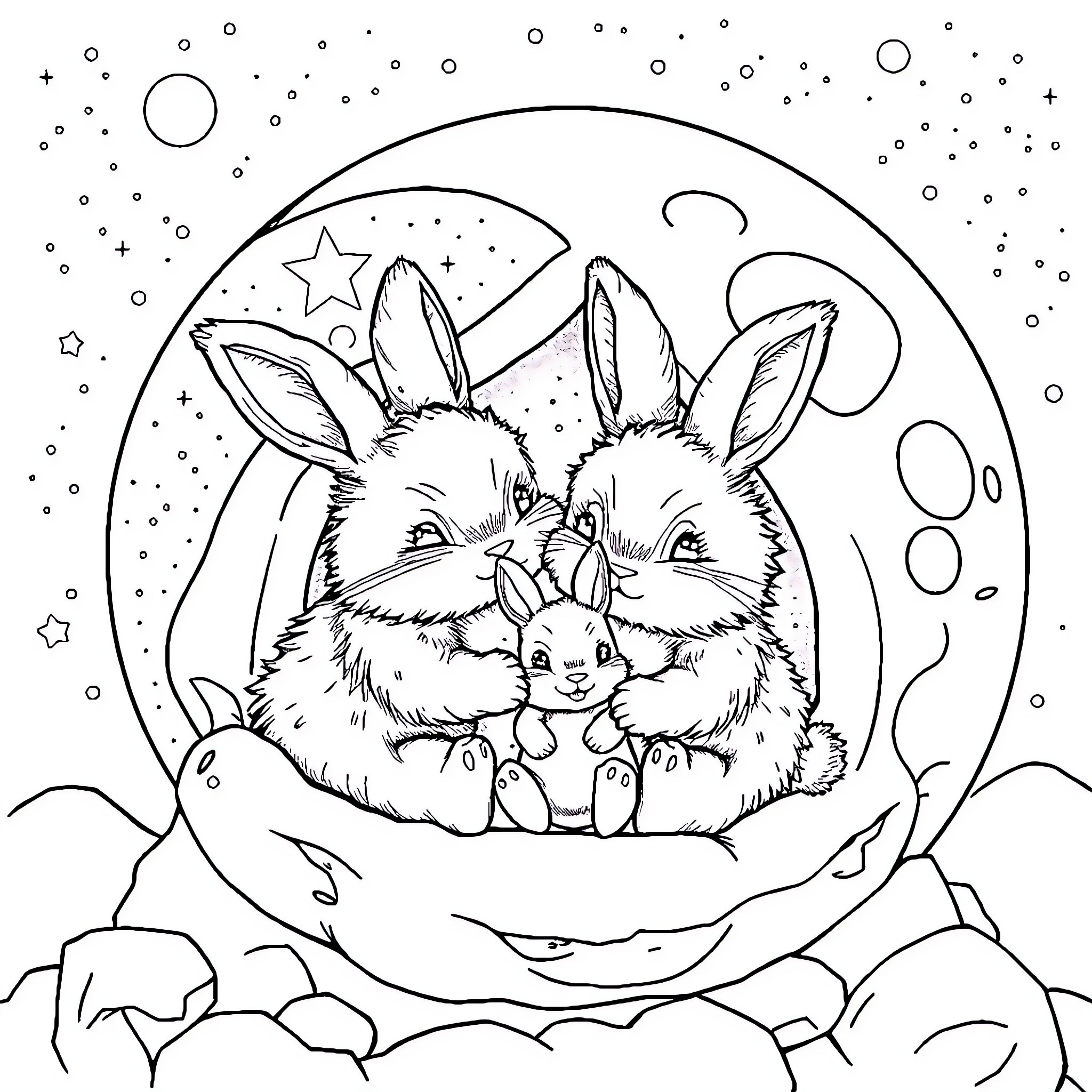 Rabbit family gazing at the starry night sky Coloring Page (free black-and-white line drawing printable PDF for all, from beginners to advanced learners, including children, teens, adults, and seniors)