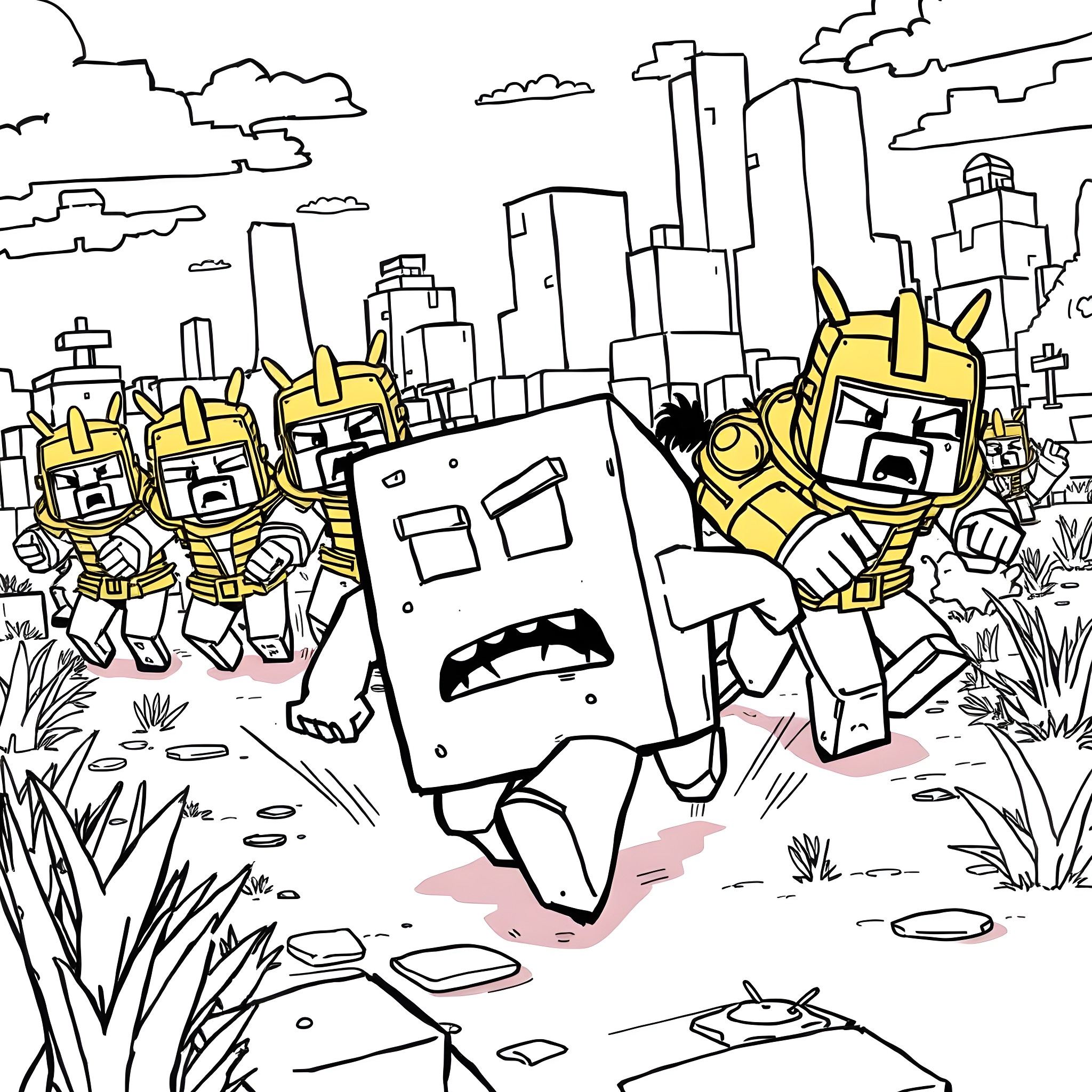 Plankton and robot companions exploring the cityscape Coloring Page (free black-and-white line drawing printable PDF for all, from beginners to advanced learners, including children, teens, adults, and seniors)