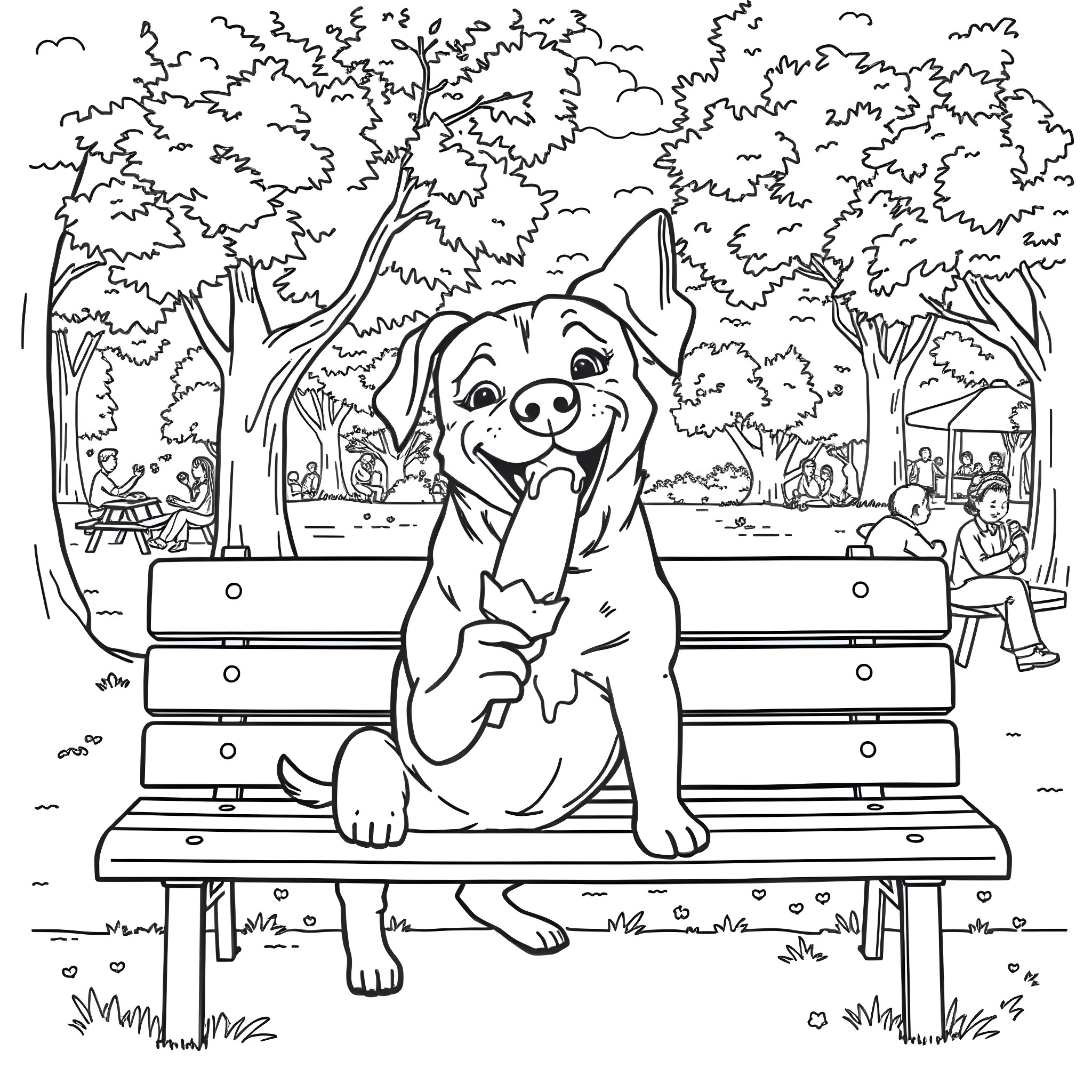 Dog relaxing on a park bench Coloring Page (free black-and-white line drawing printable PDF for all, from beginners to advanced learners, including children, teens, adults, and seniors)