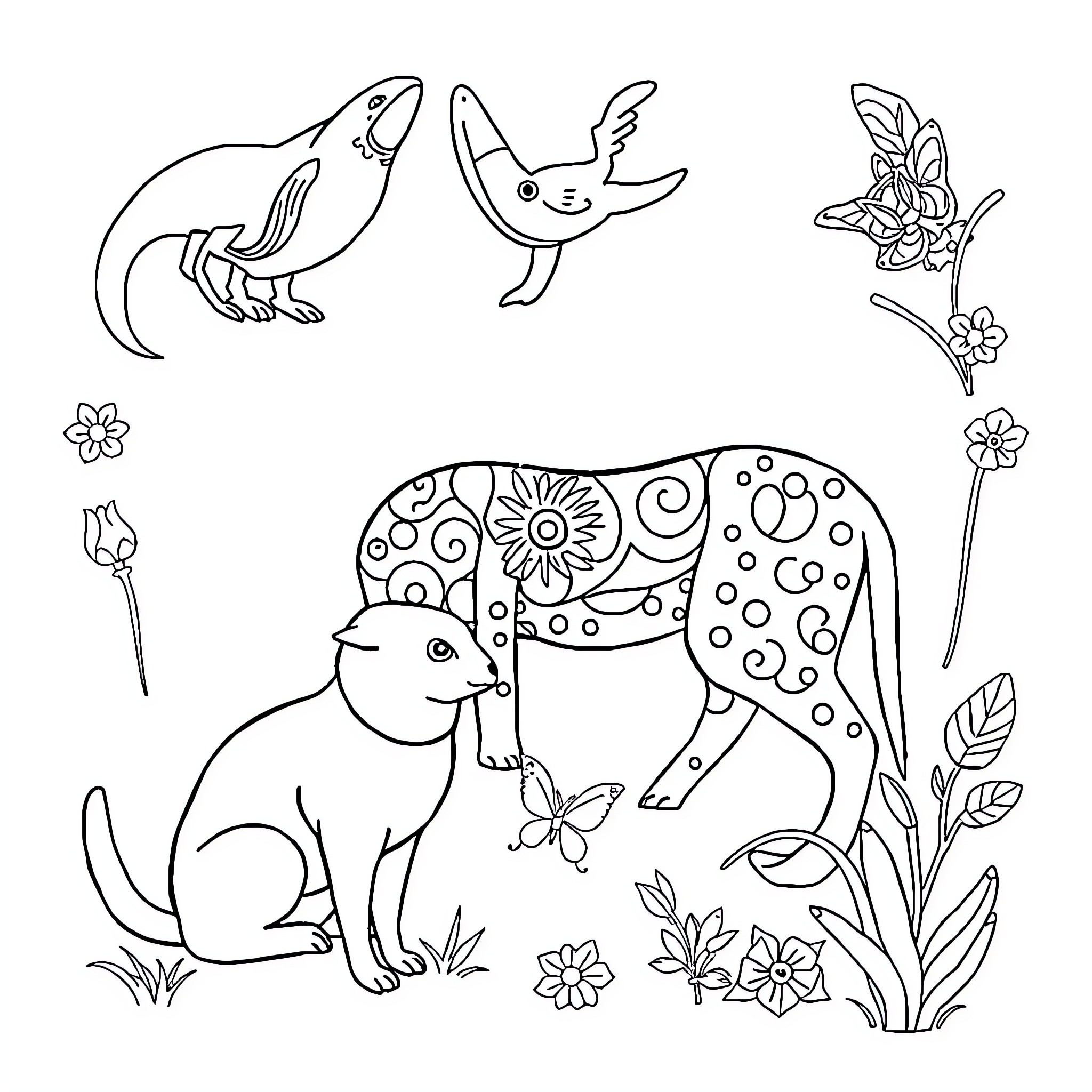 Animal Patterns and Floral Scenes Coloring Page (free black-and-white line drawing printable PDF for all, from beginners to advanced learners, including children, teens, adults, and seniors)