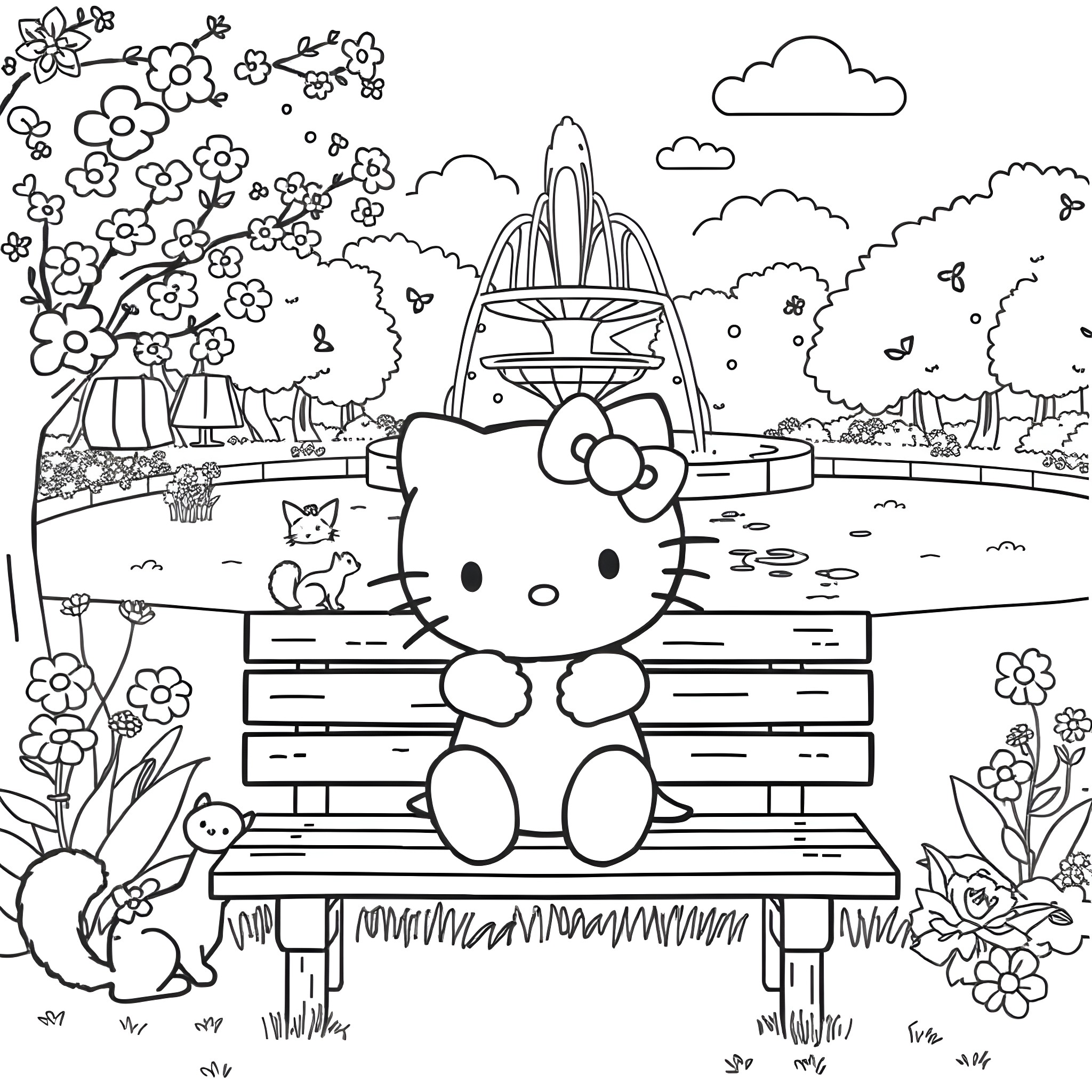 Hello Kitty enjoying a day in the park Coloring Page (free black-and-white line drawing printable PDF for all, from beginners to advanced learners, including children, teens, adults, and seniors)