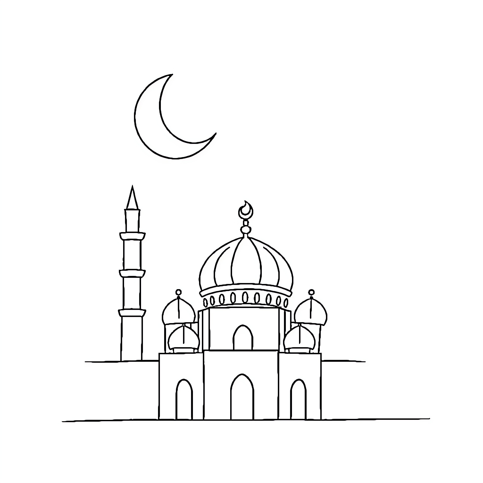 Islam's Iconic Mosque and Crescent Moon Silhouette Coloring Page (free black-and-white line drawing printable PDF for all, from beginners to advanced learners, including children, teens, adults, and seniors)