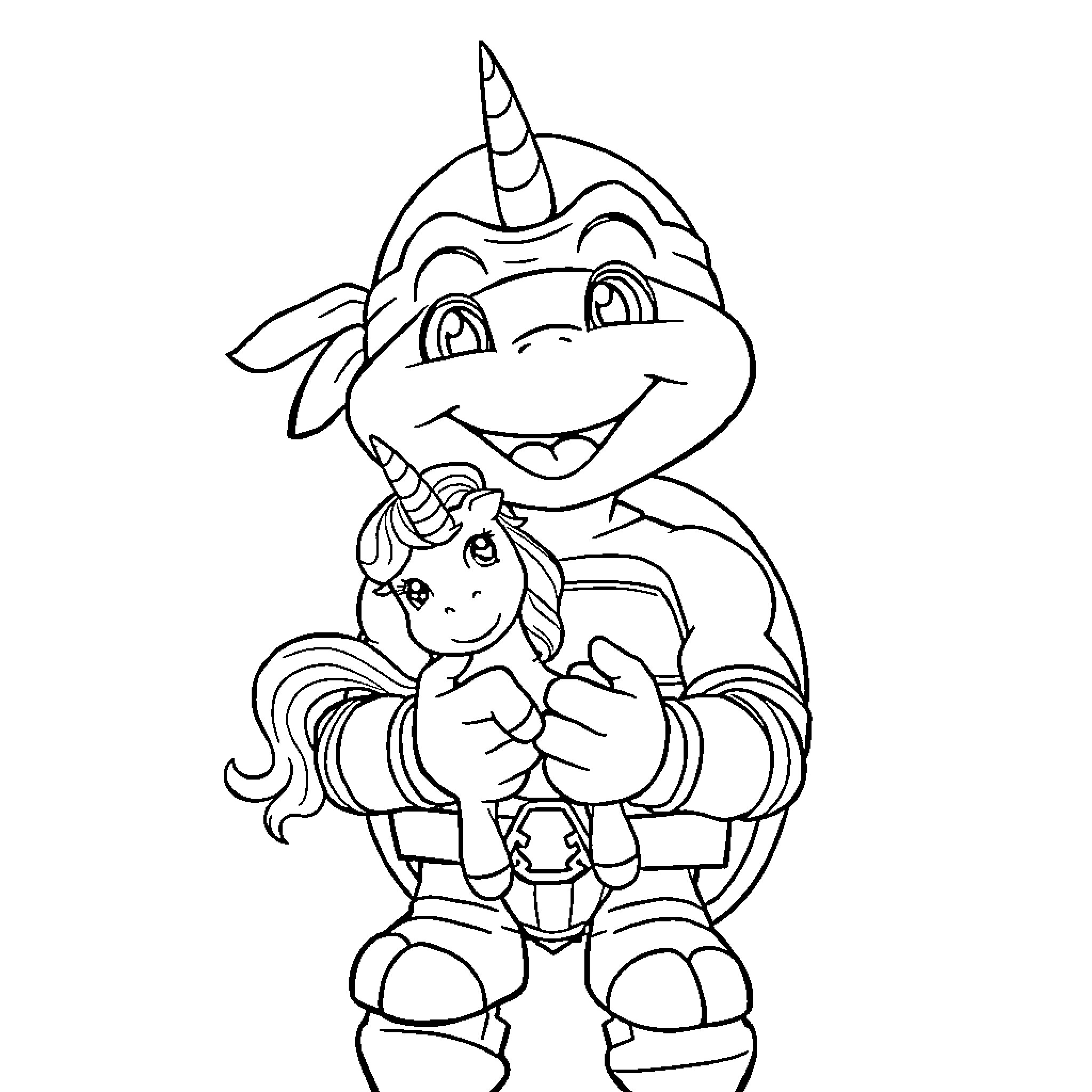 Mikey the Unicorn Cub's Friendly Encounter Coloring Page (free black-and-white line drawing printable PDF for all, from beginners to advanced learners, including children, teens, adults, and seniors)