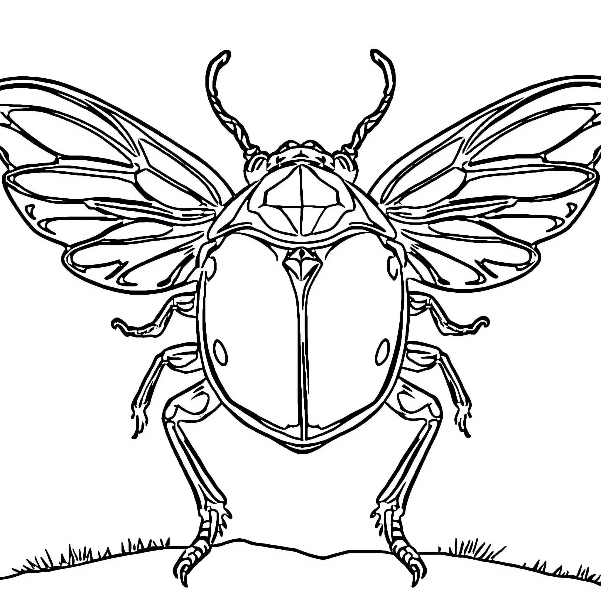 Scarab beetle with intricate wing details Coloring Page (free black-and-white line drawing printable PDF for all, from beginners to advanced learners, including children, teens, adults, and seniors)