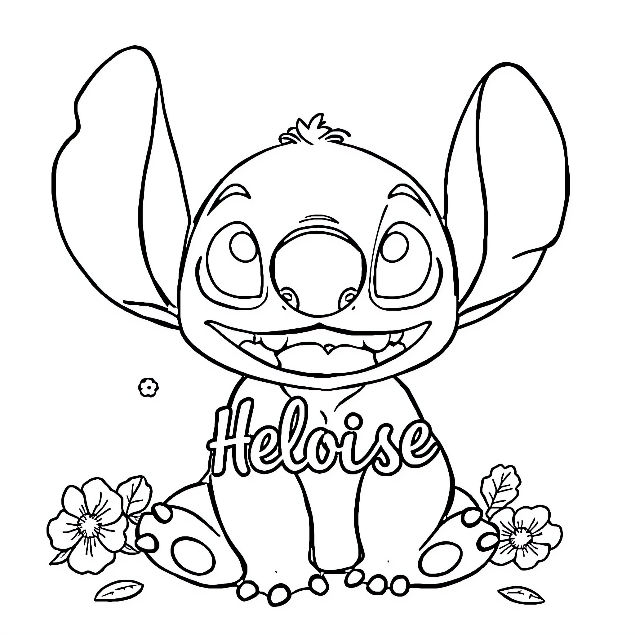 Stitch happily sitting with flowers Coloring Page (free black-and-white line drawing printable PDF for all, from beginners to advanced learners, including children, teens, adults, and seniors)