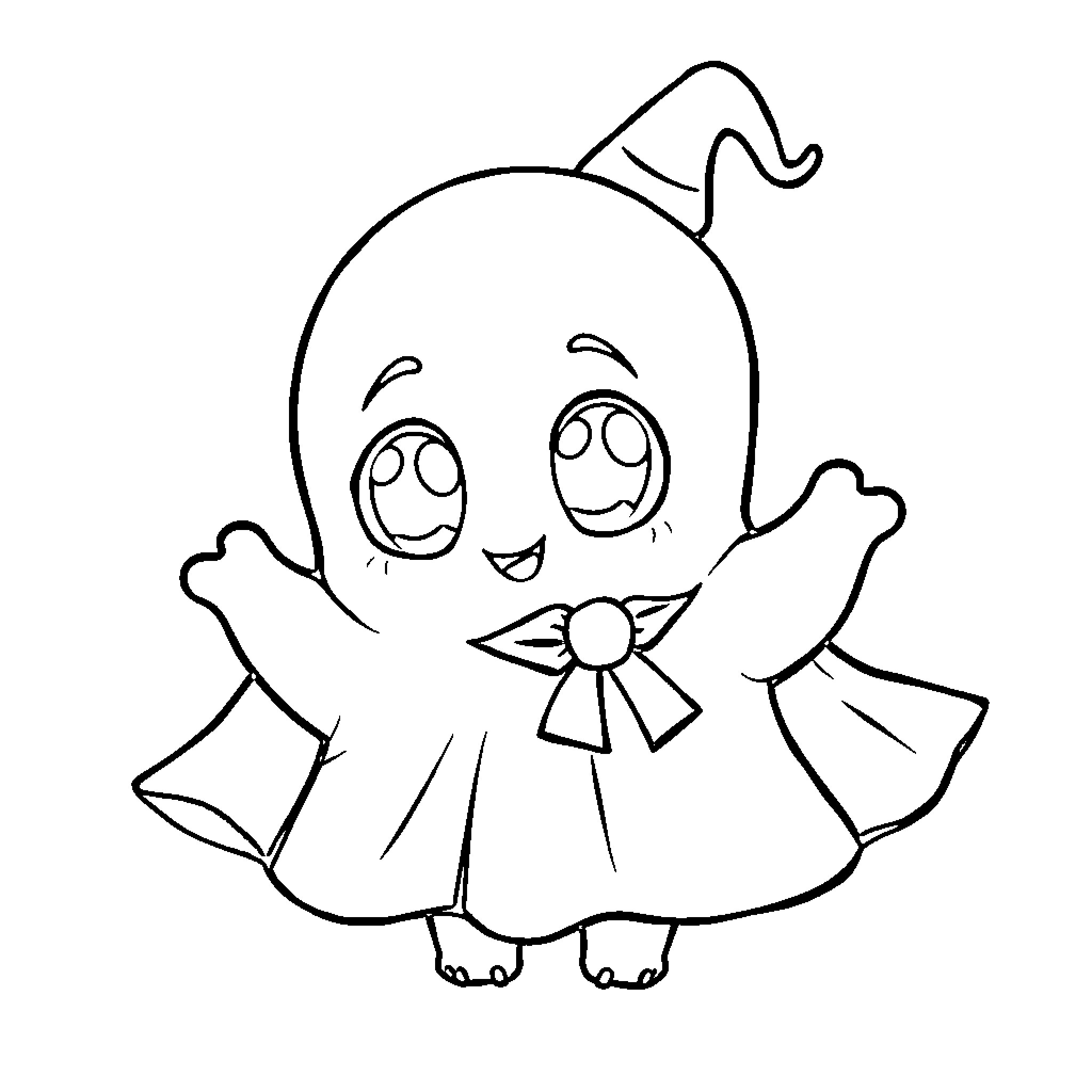 Ghost smiling happily in costume Coloring Page (free black-and-white line drawing printable PDF for all, from beginners to advanced learners, including children, teens, adults, and seniors)