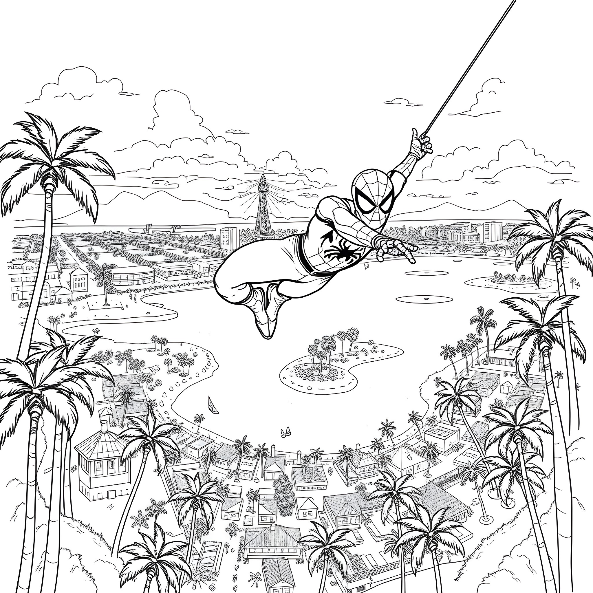 Spiderman swinging over a tropical city landscape Coloring Page (free black-and-white line drawing printable PDF for all, from beginners to advanced learners, including children, teens, adults, and seniors)